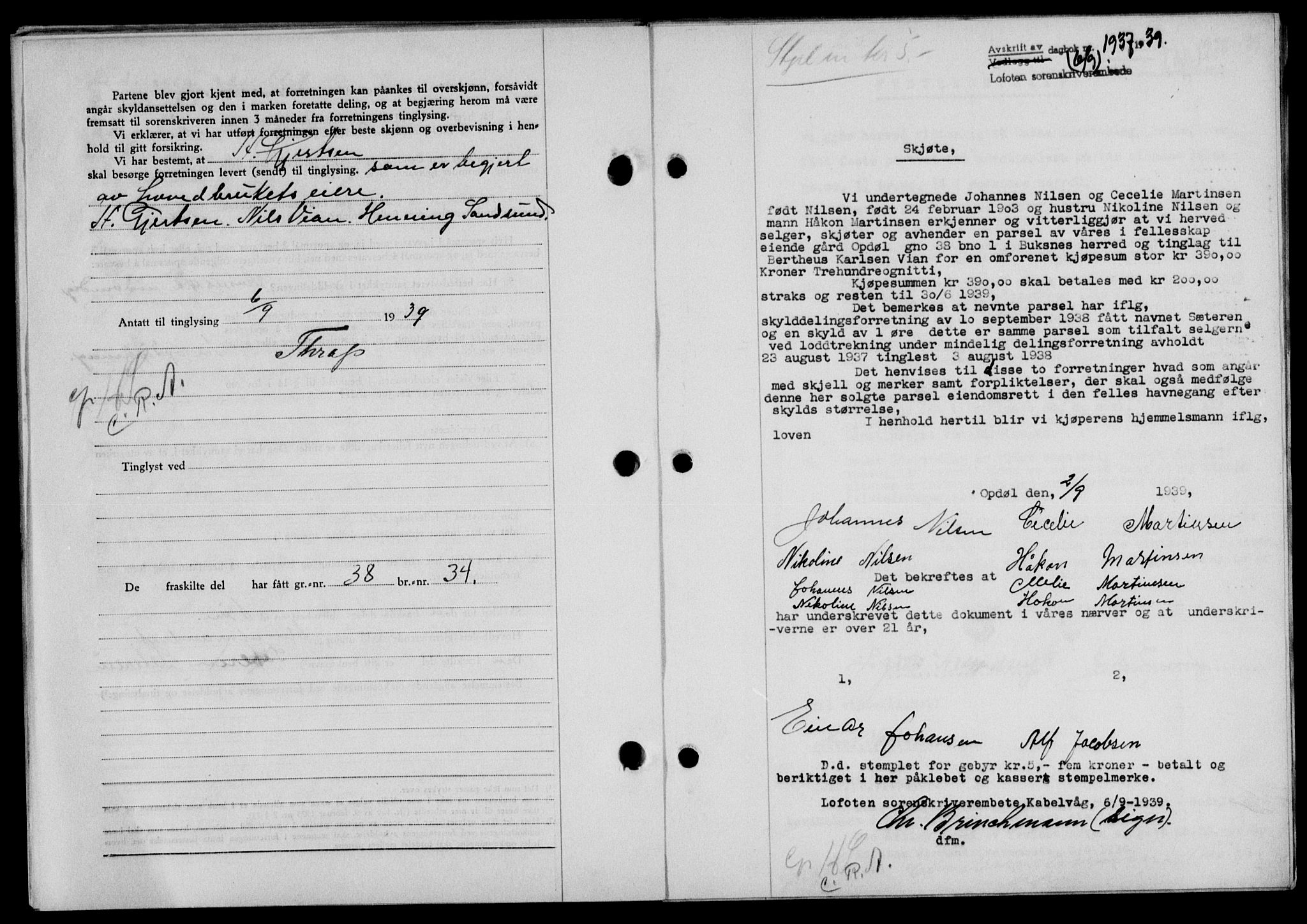 Lofoten sorenskriveri, SAT/A-0017/1/2/2C/L0006a: Mortgage book no. 6a, 1939-1939, Diary no: : 1937/1939