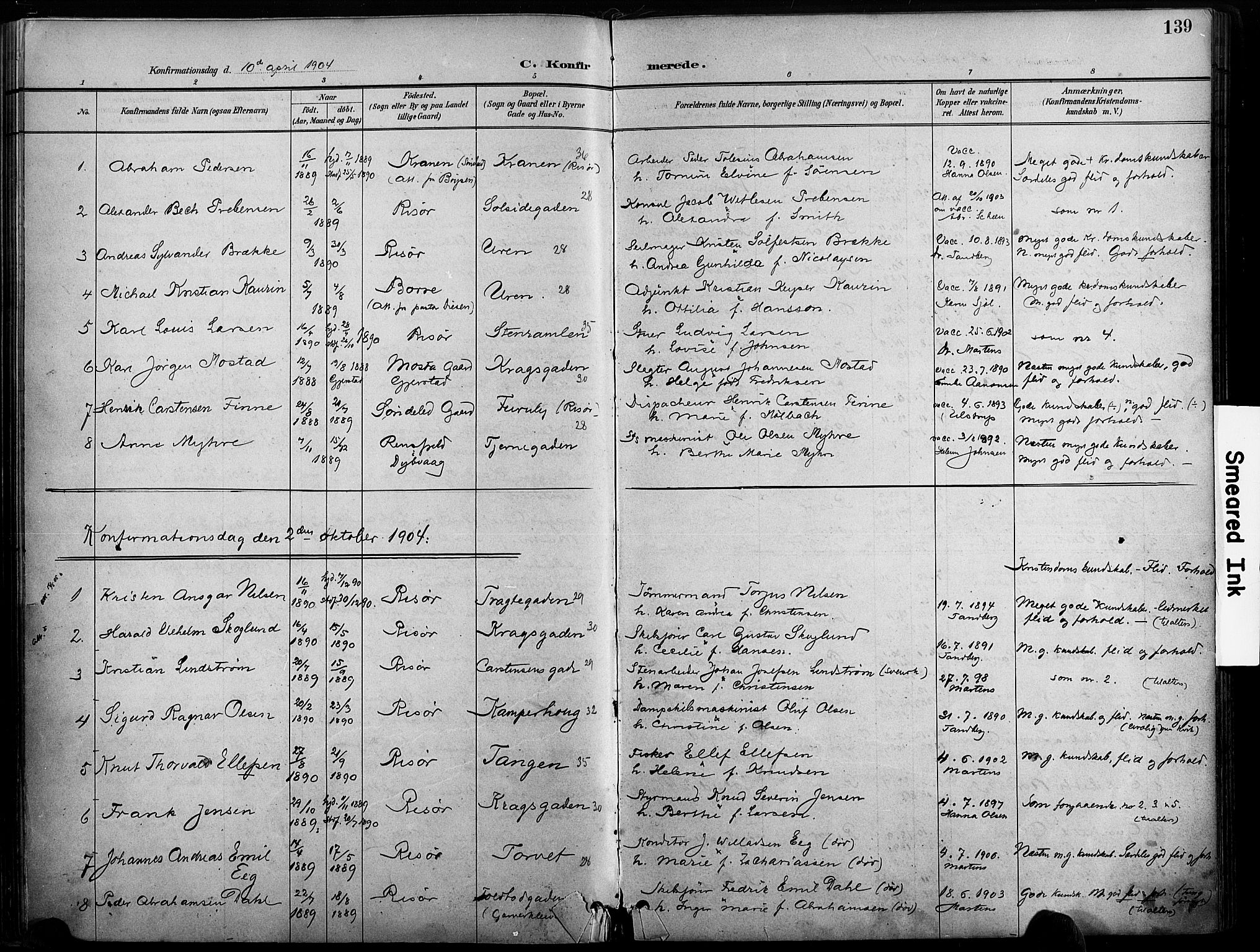 Risør sokneprestkontor, SAK/1111-0035/F/Fa/L0010: Parish register (official) no. A 10, 1896-1906, p. 139