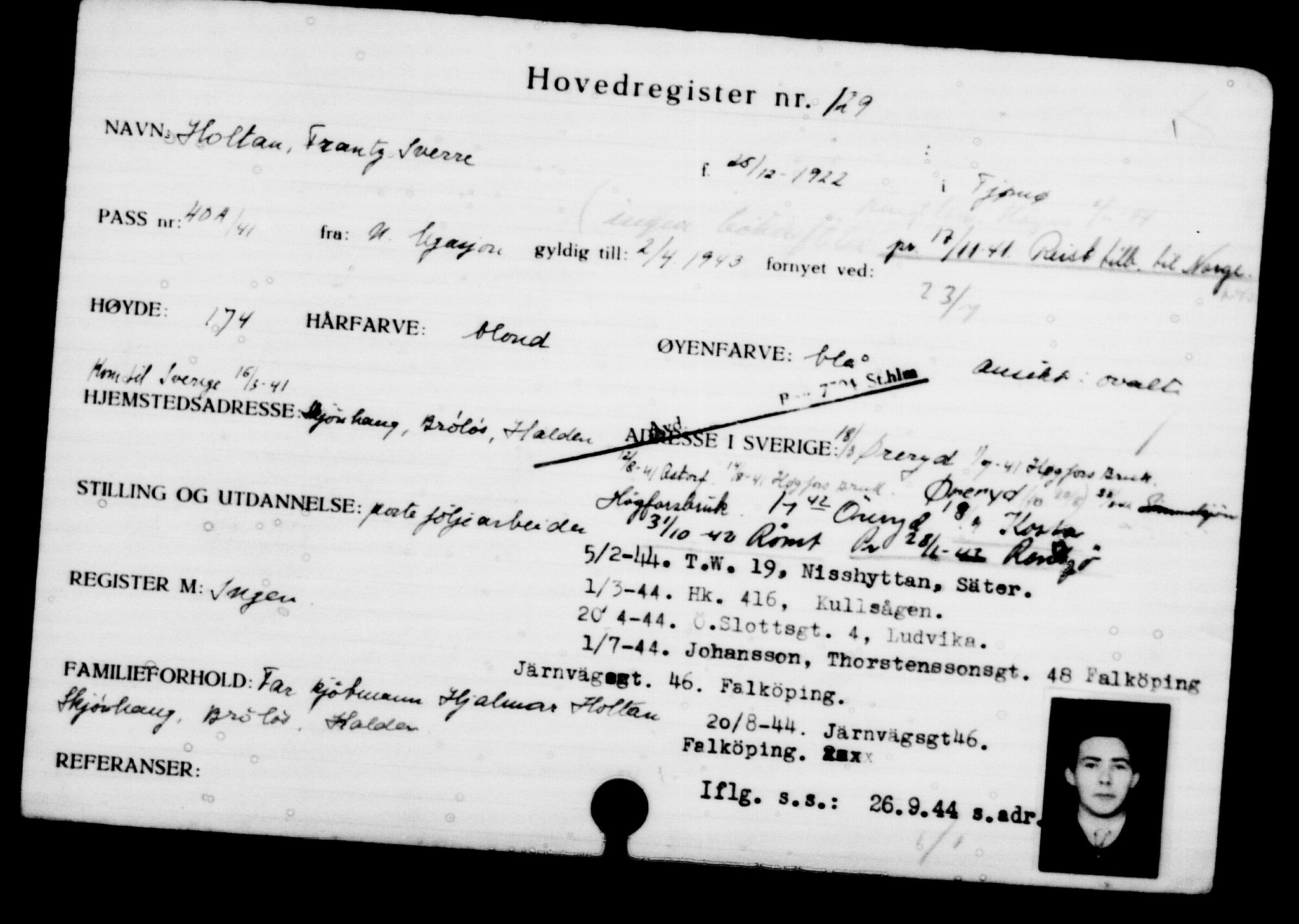 Utenriksstasjonene, Legasjonen i Stockholm, Flyktningkontoret, AV/RA-S-6753/V/Va/L0001: Kjesäterkartoteket, flyktninger med registreringsnr. 1-1000, 1940-1945, p. 210