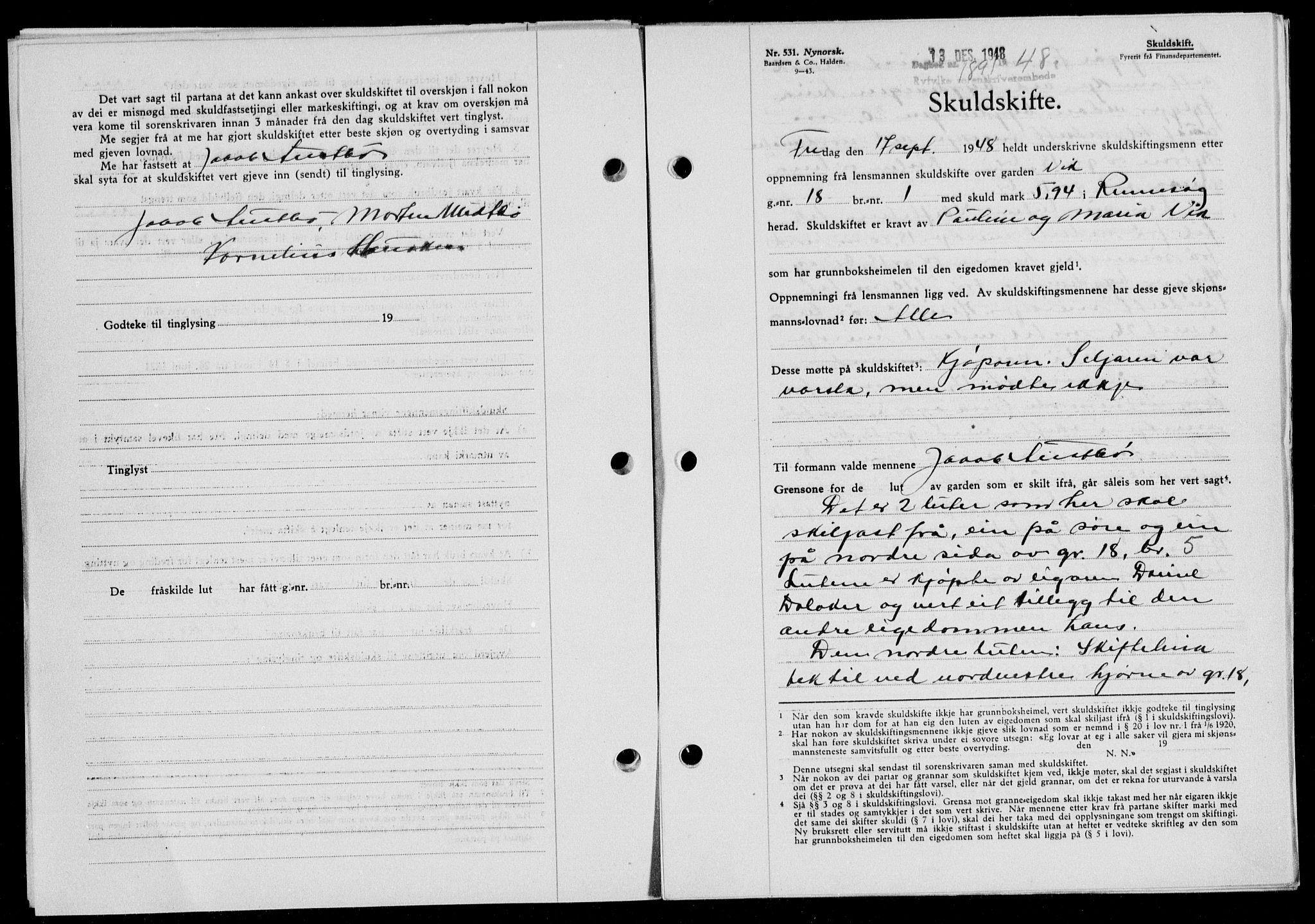 Ryfylke tingrett, AV/SAST-A-100055/001/II/IIB/L0104: Mortgage book no. 83, 1948-1949, Diary no: : 1891/1948