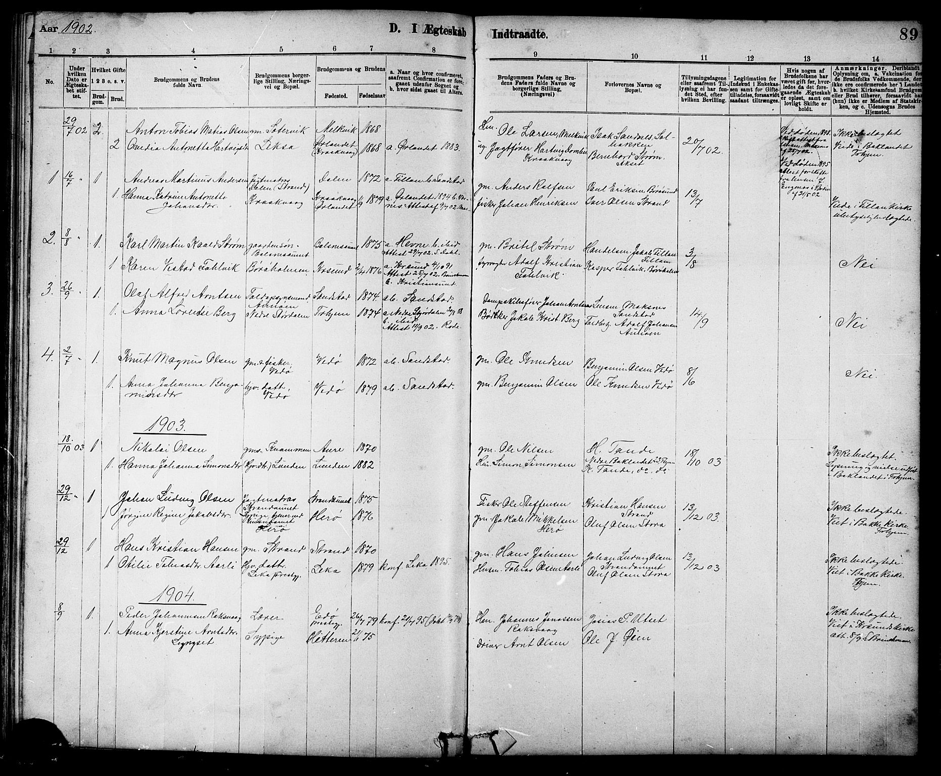 Ministerialprotokoller, klokkerbøker og fødselsregistre - Sør-Trøndelag, AV/SAT-A-1456/639/L0573: Parish register (copy) no. 639C01, 1890-1905, p. 89