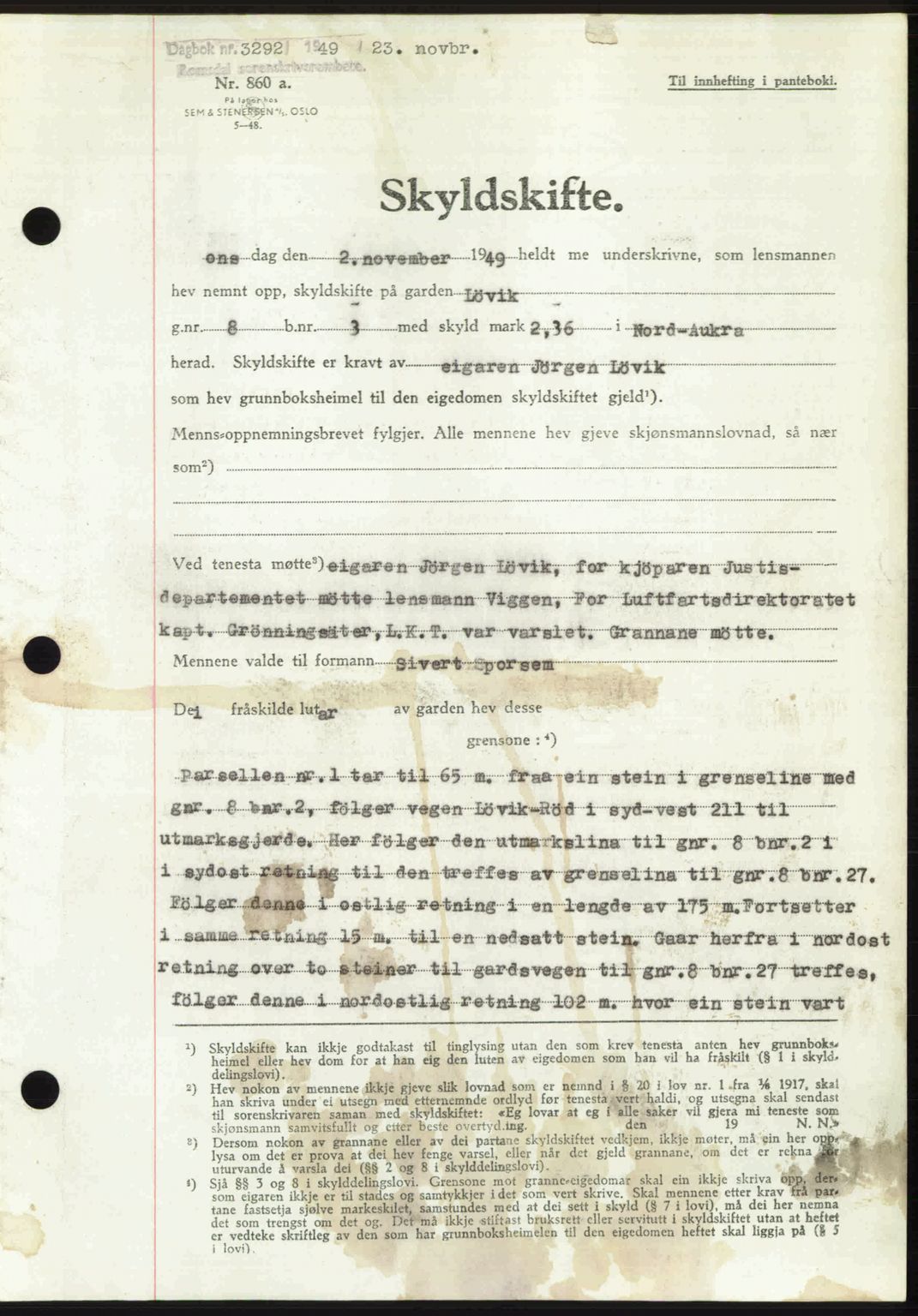 Romsdal sorenskriveri, AV/SAT-A-4149/1/2/2C: Mortgage book no. A31, 1949-1949, Diary no: : 3292/1949