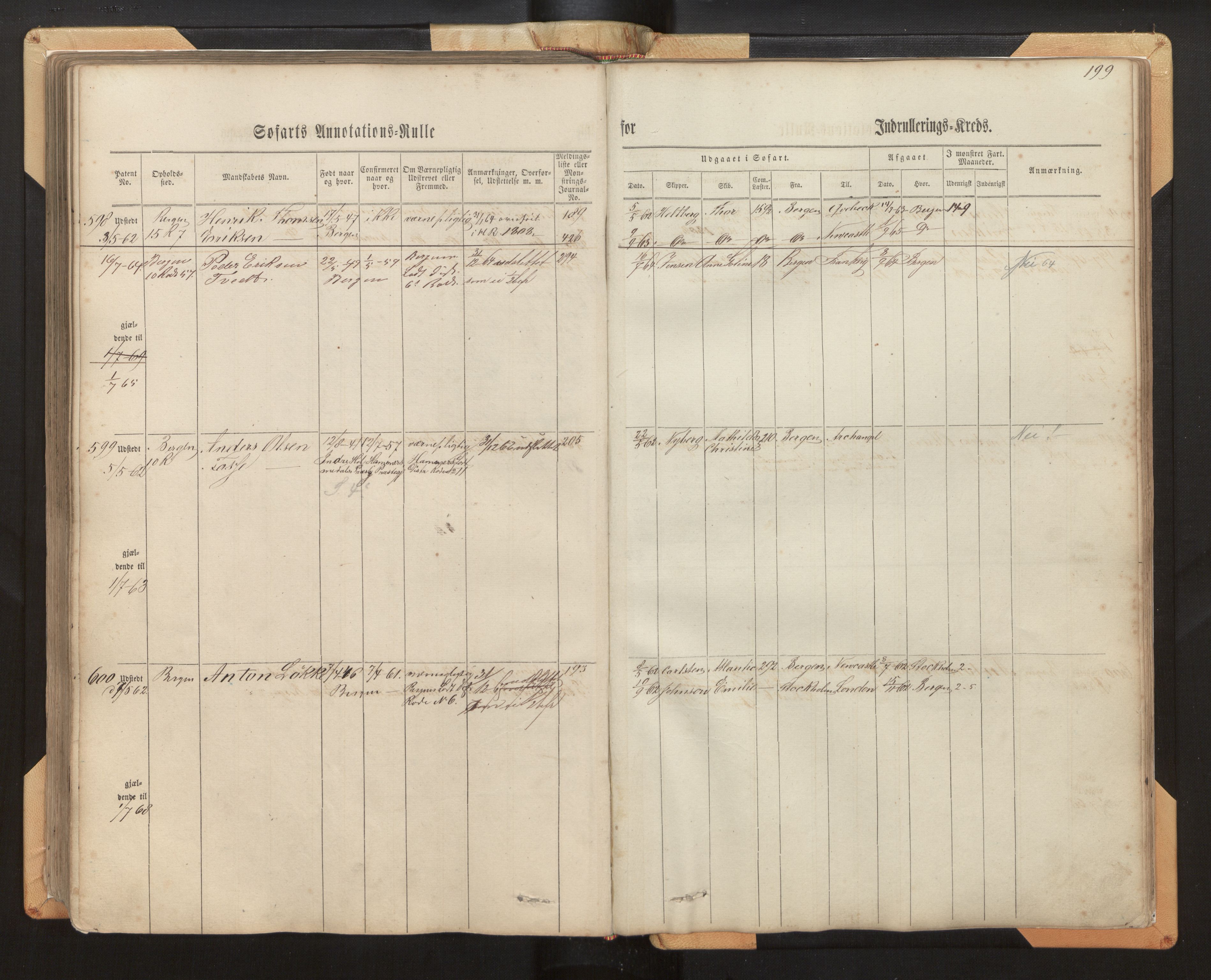 Innrulleringssjefen i Bergen, AV/SAB-A-100050/F/Fh/L0005: Sjøfarts- og annotasjonsrulle for Bergen krets, fol. 1 - 238, 1860-1867, p. 199