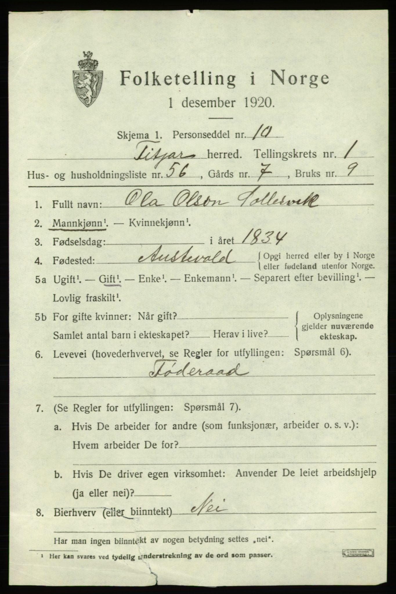 SAB, 1920 census for Fitjar, 1920, p. 1570