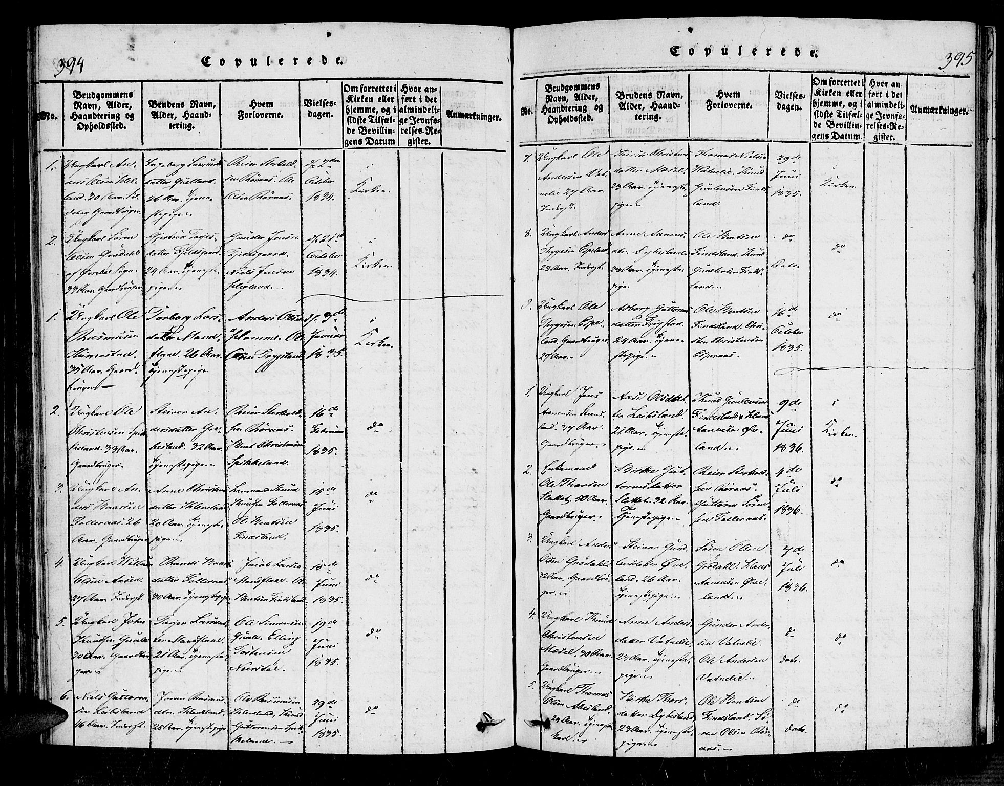 Bjelland sokneprestkontor, SAK/1111-0005/F/Fa/Fab/L0002: Parish register (official) no. A 2, 1816-1869, p. 394-395