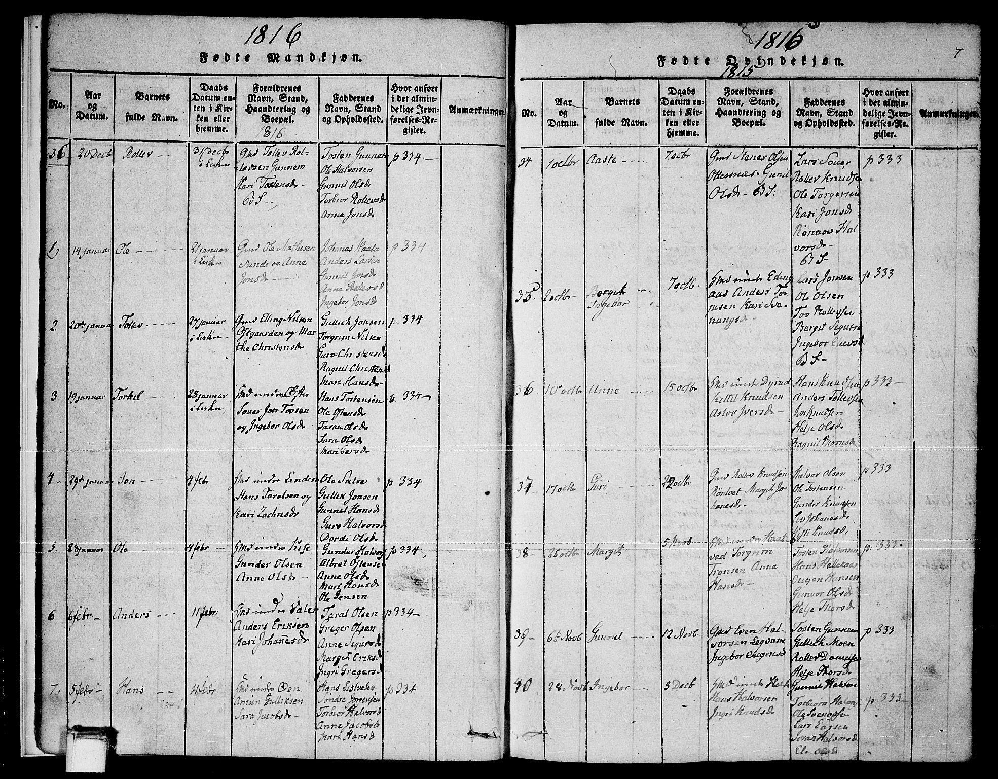 Sauherad kirkebøker, SAKO/A-298/F/Fa/L0005: Parish register (official) no. I 5, 1815-1829, p. 7