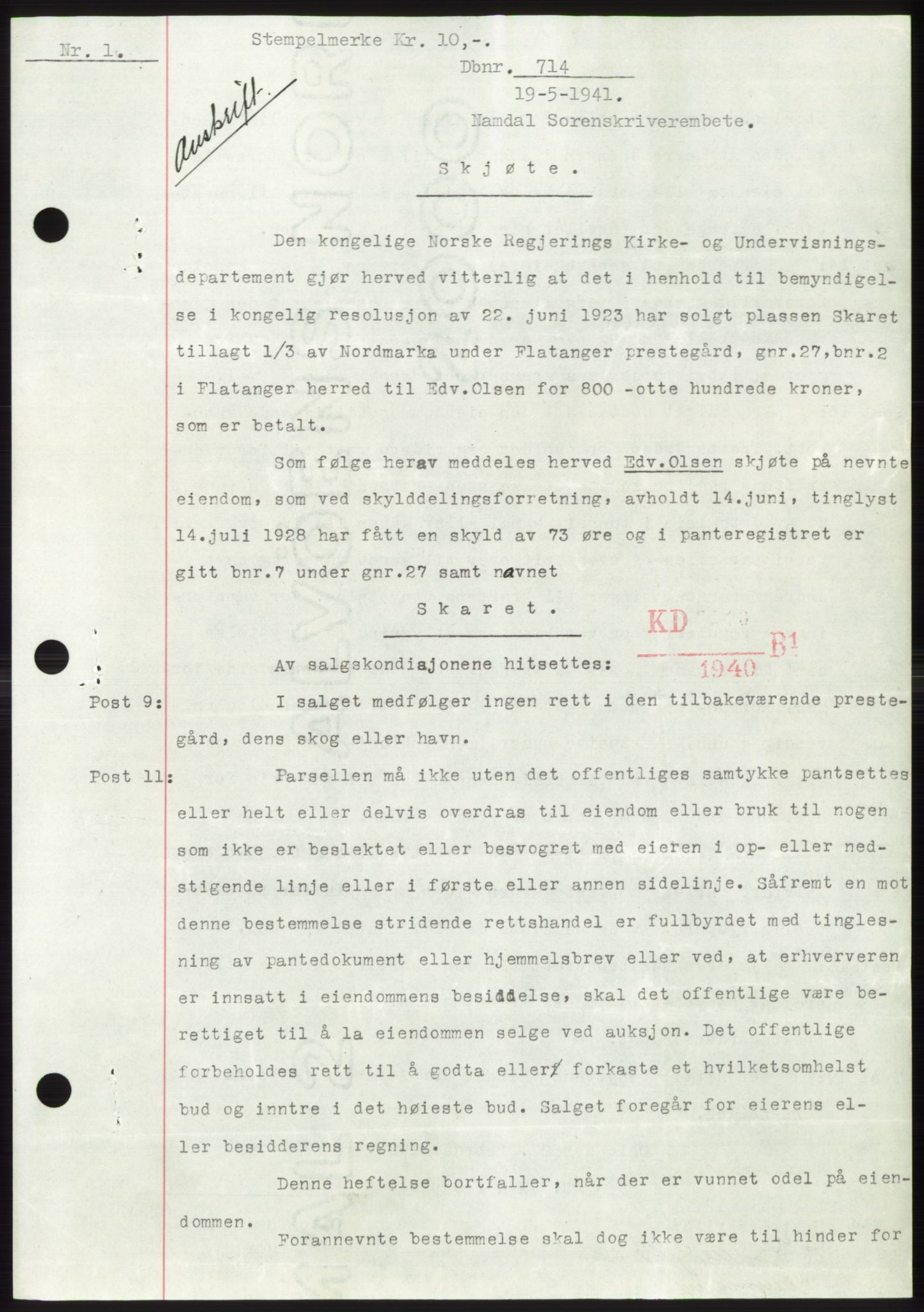 Namdal sorenskriveri, SAT/A-4133/1/2/2C: Mortgage book no. -, 1940-1941, Deed date: 19.05.1941