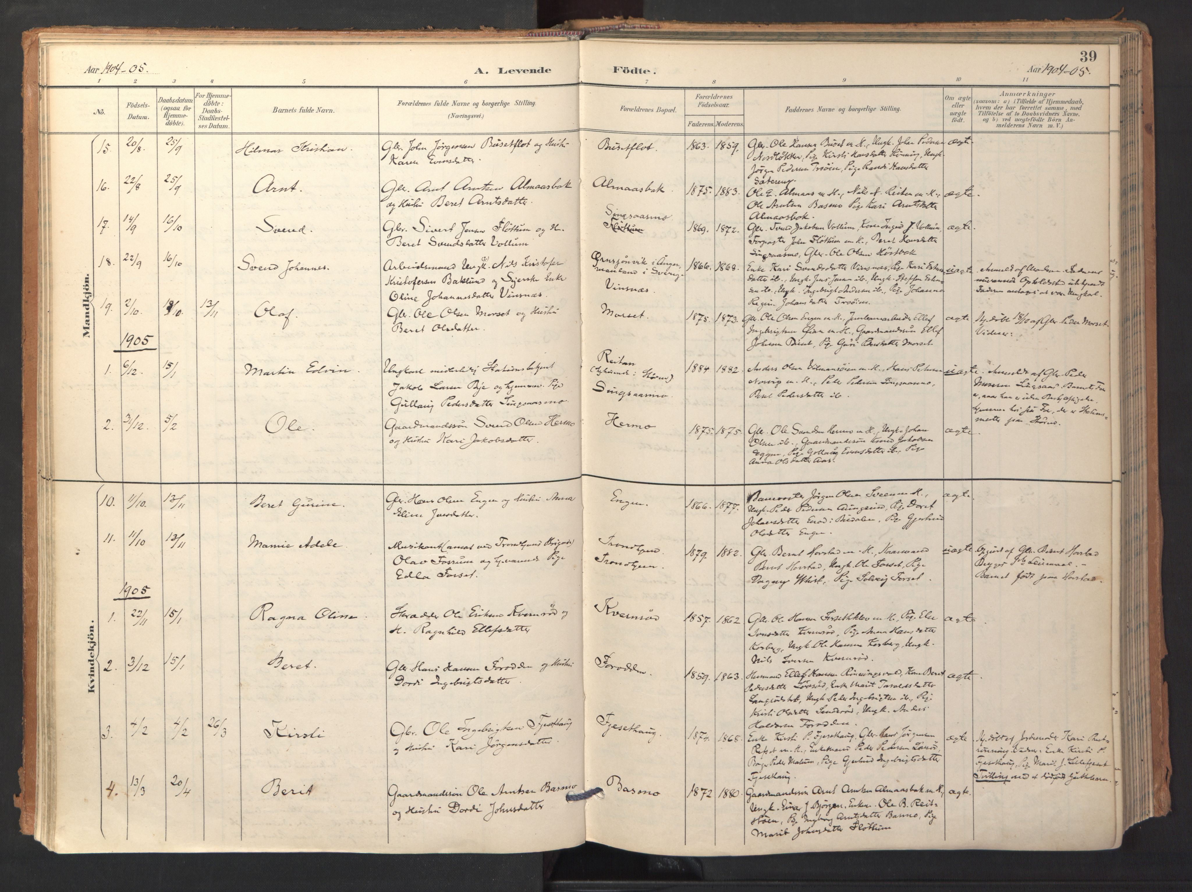Ministerialprotokoller, klokkerbøker og fødselsregistre - Sør-Trøndelag, SAT/A-1456/688/L1025: Parish register (official) no. 688A02, 1891-1909, p. 39