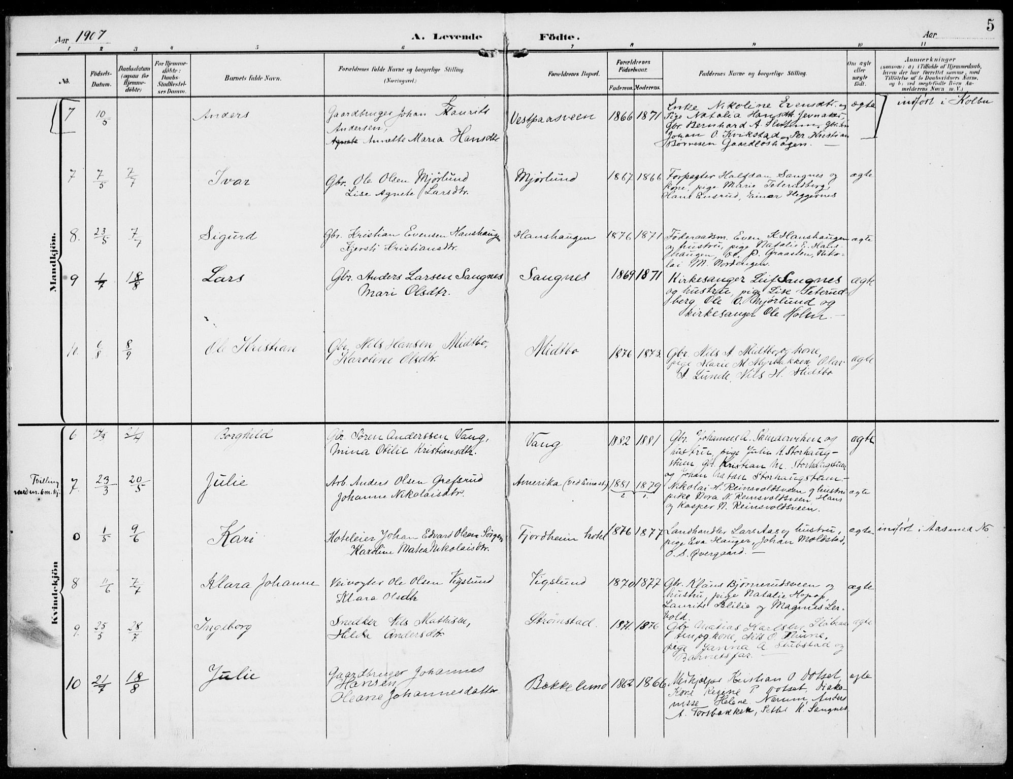 Kolbu prestekontor, SAH/PREST-110/H/Ha/Haa/L0001: Parish register (official) no. 1, 1907-1923, p. 5