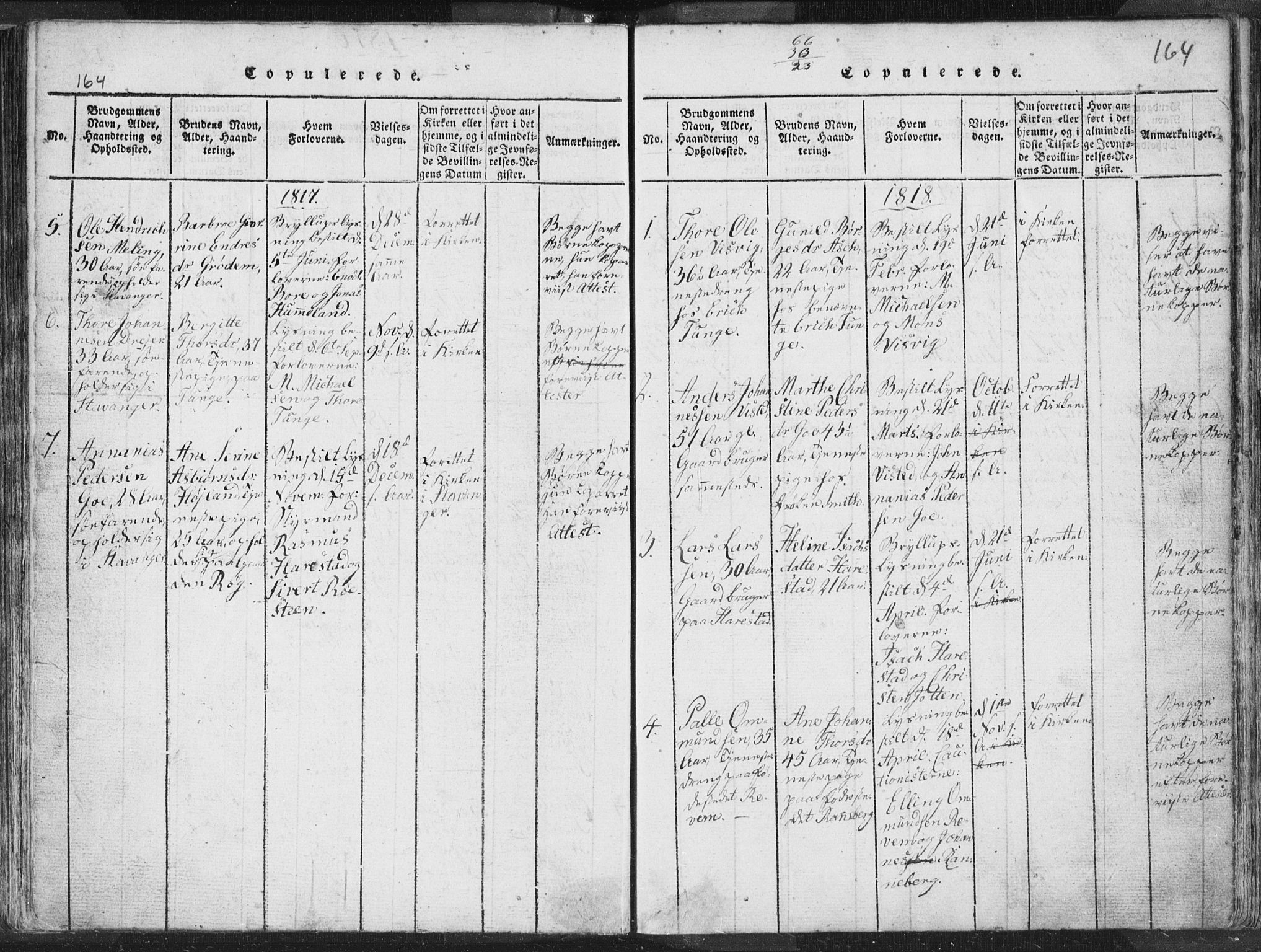 Hetland sokneprestkontor, SAST/A-101826/30/30BA/L0001: Parish register (official) no. A 1, 1816-1856, p. 164