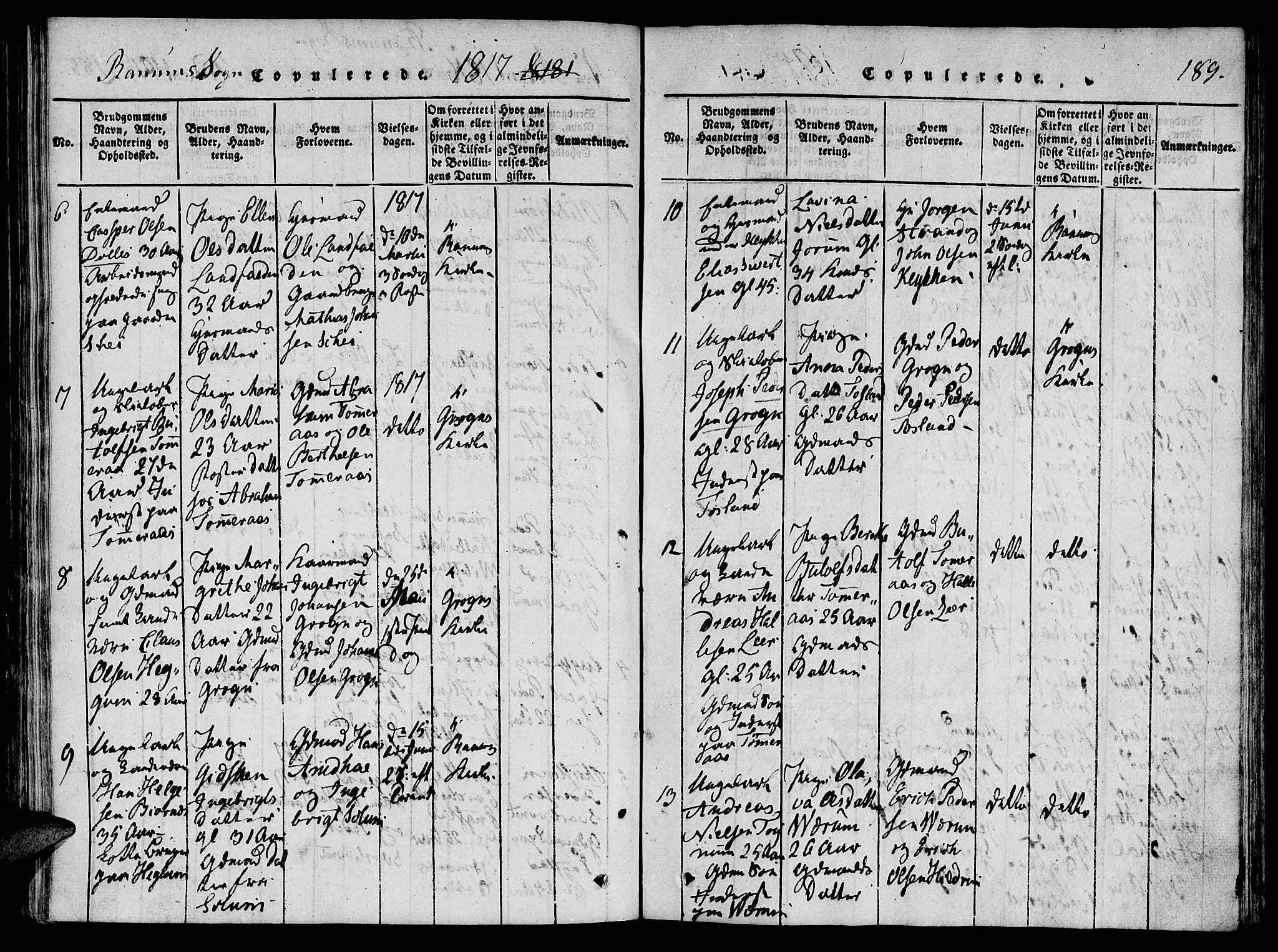 Ministerialprotokoller, klokkerbøker og fødselsregistre - Nord-Trøndelag, AV/SAT-A-1458/764/L0546: Parish register (official) no. 764A06 /1, 1816-1823, p. 189