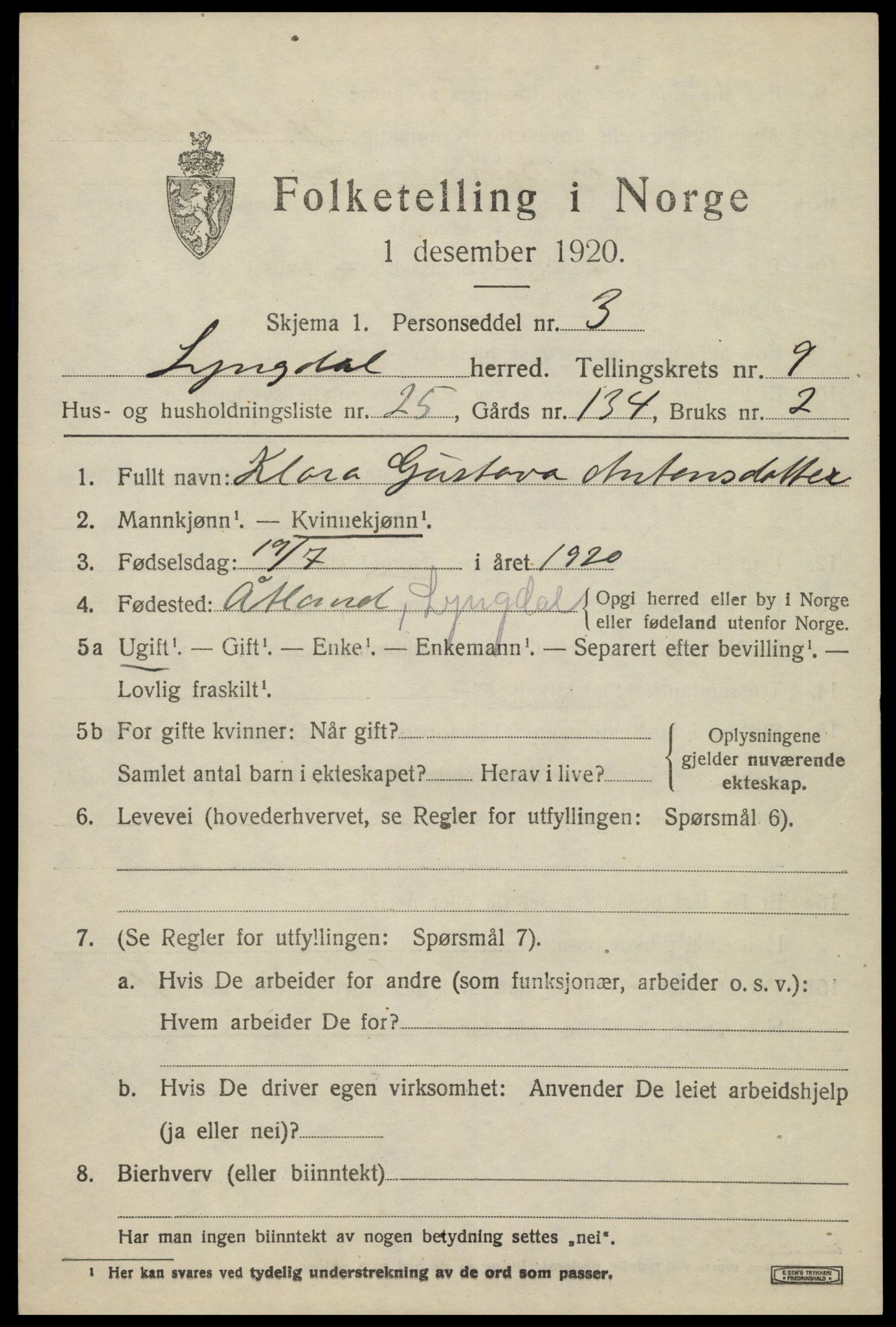 SAK, 1920 census for Lyngdal, 1920, p. 4869