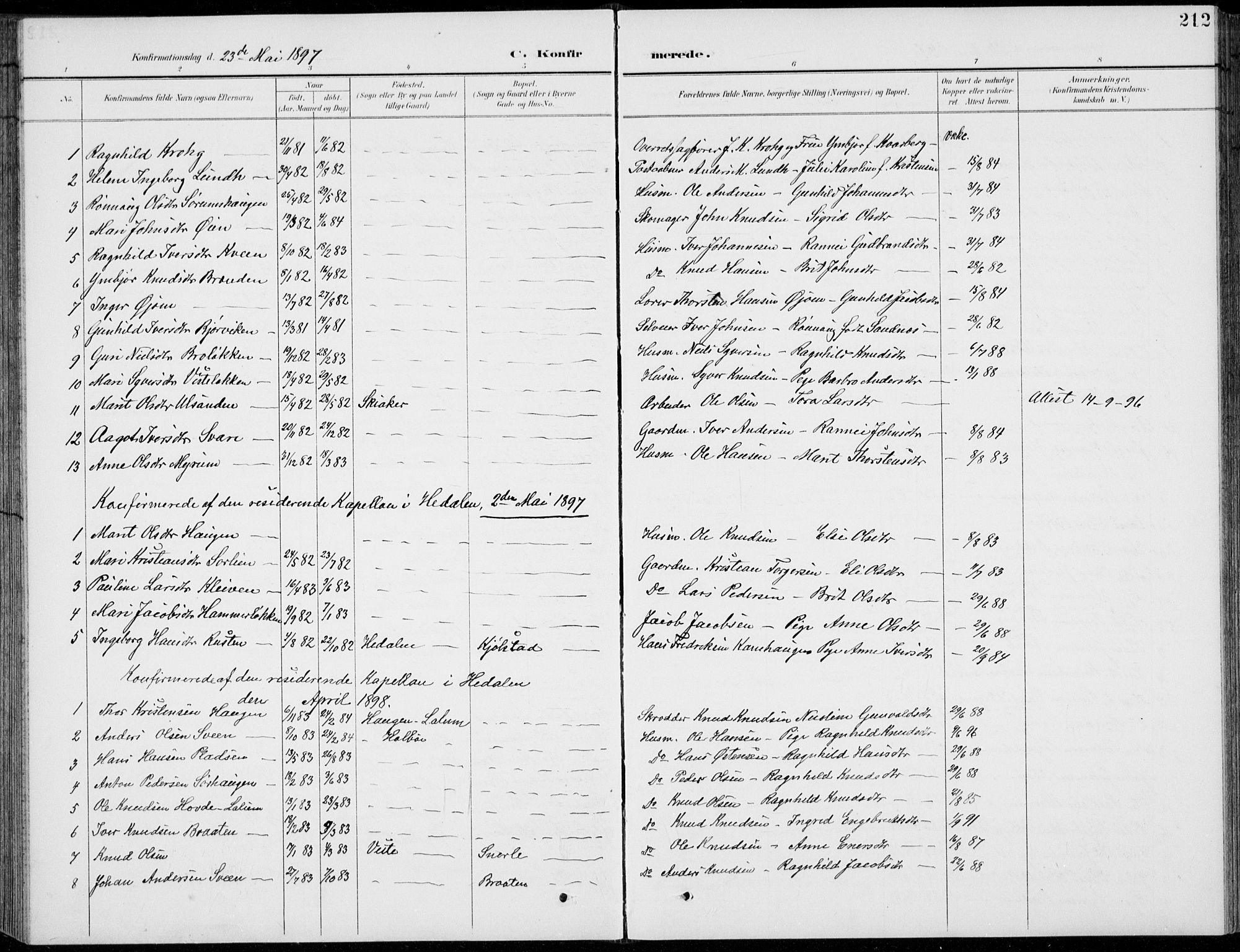 Vågå prestekontor, SAH/PREST-076/H/Ha/Hab/L0002: Parish register (copy) no. 2, 1894-1939, p. 212