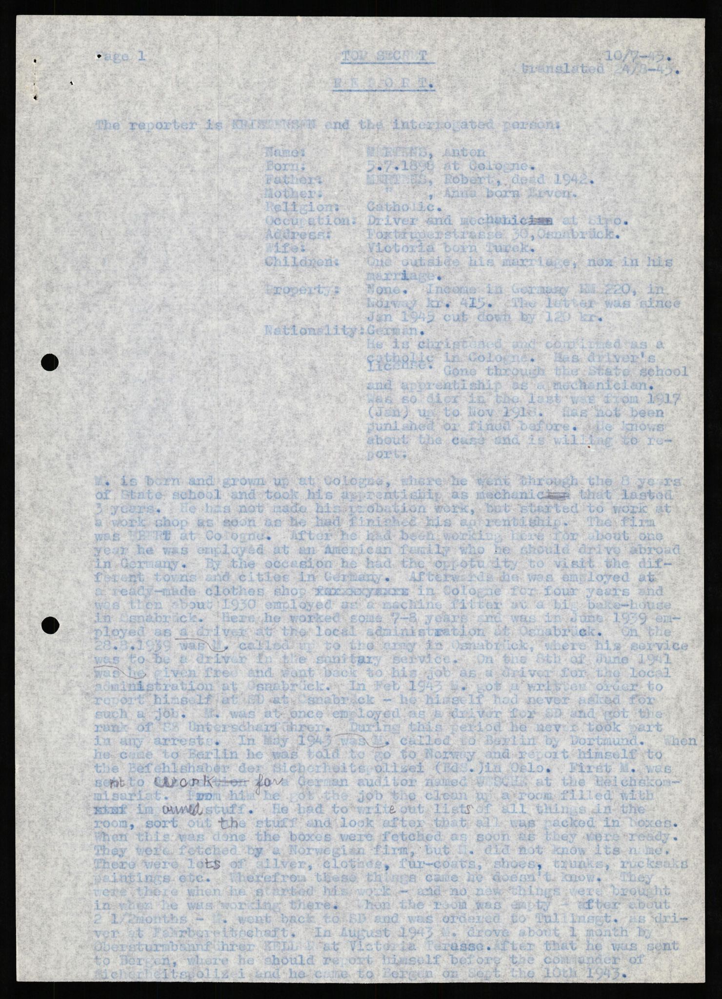 Forsvaret, Forsvarets overkommando II, AV/RA-RAFA-3915/D/Db/L0021: CI Questionaires. Tyske okkupasjonsstyrker i Norge. Tyskere., 1945-1946, p. 422