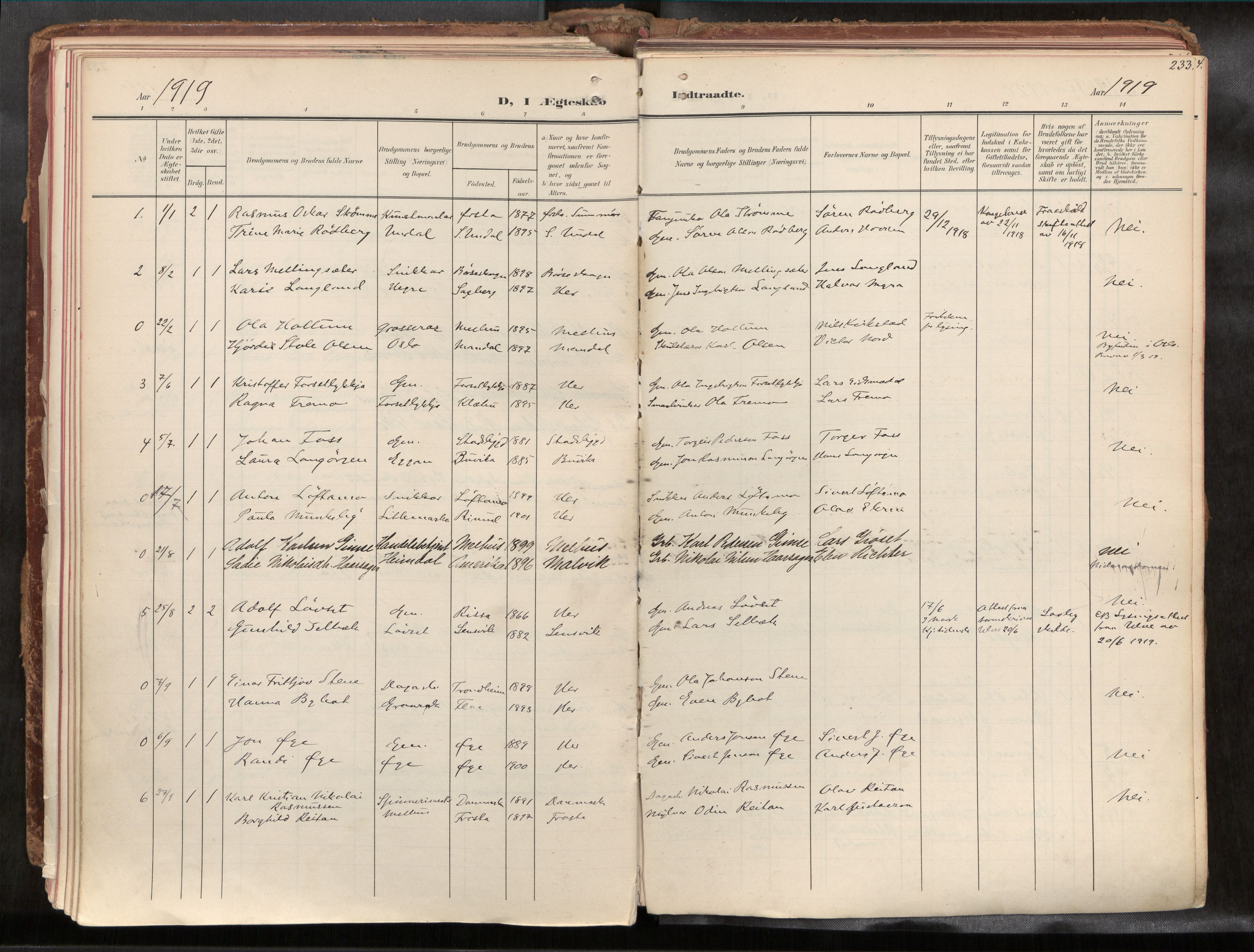 Ministerialprotokoller, klokkerbøker og fødselsregistre - Sør-Trøndelag, AV/SAT-A-1456/691/L1085b: Parish register (official) no. 691A18, 1908-1930, p. 233