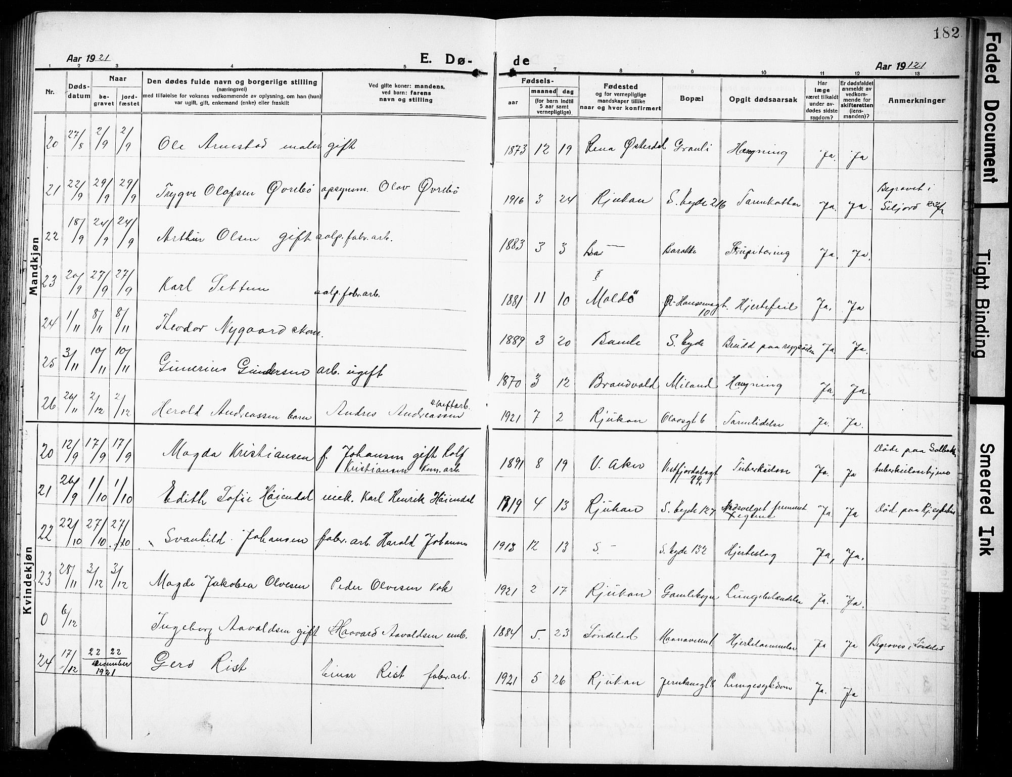 Rjukan kirkebøker, AV/SAKO-A-294/G/Ga/L0003: Parish register (copy) no. 3, 1920-1928, p. 182