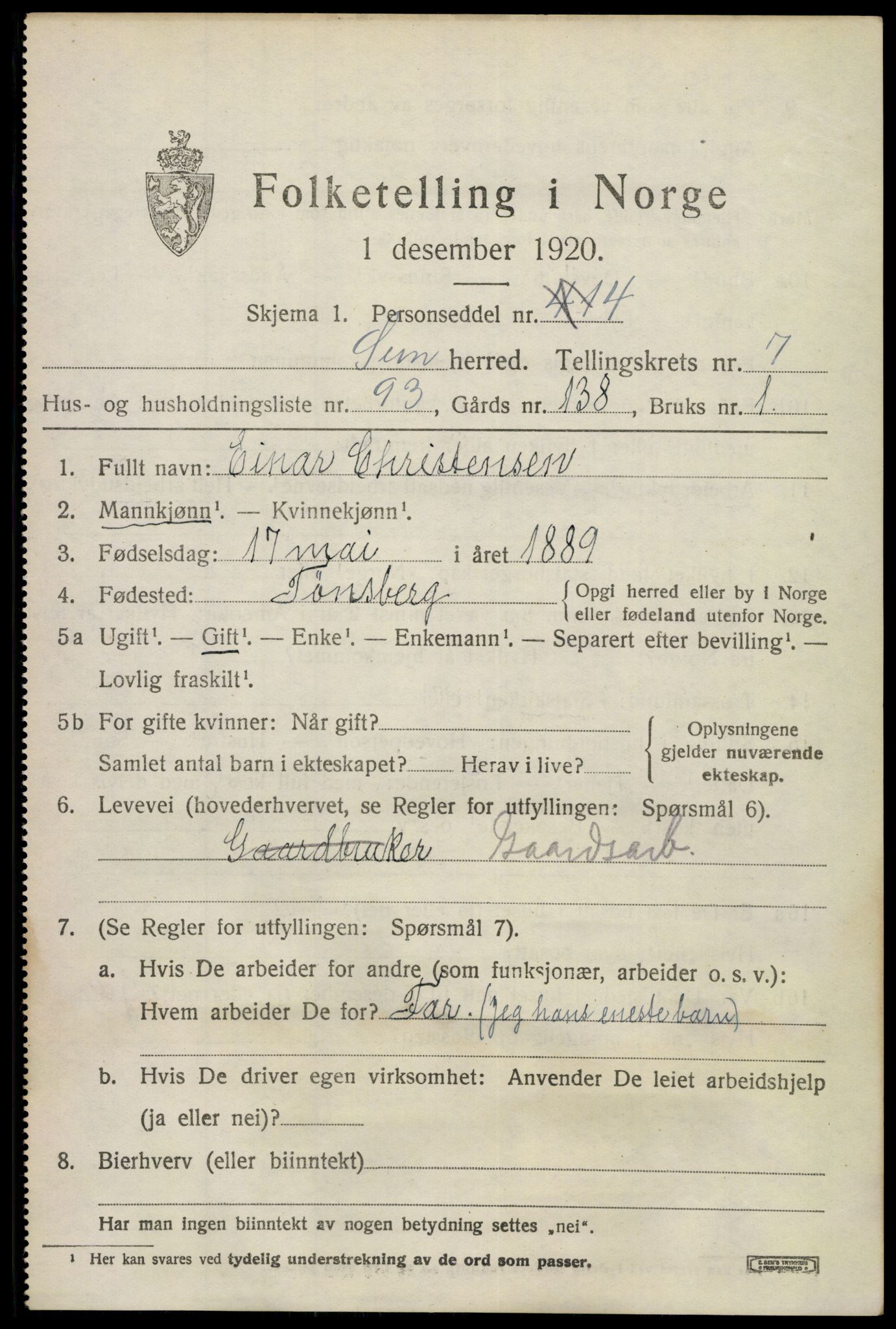 SAKO, 1920 census for Sem, 1920, p. 11171