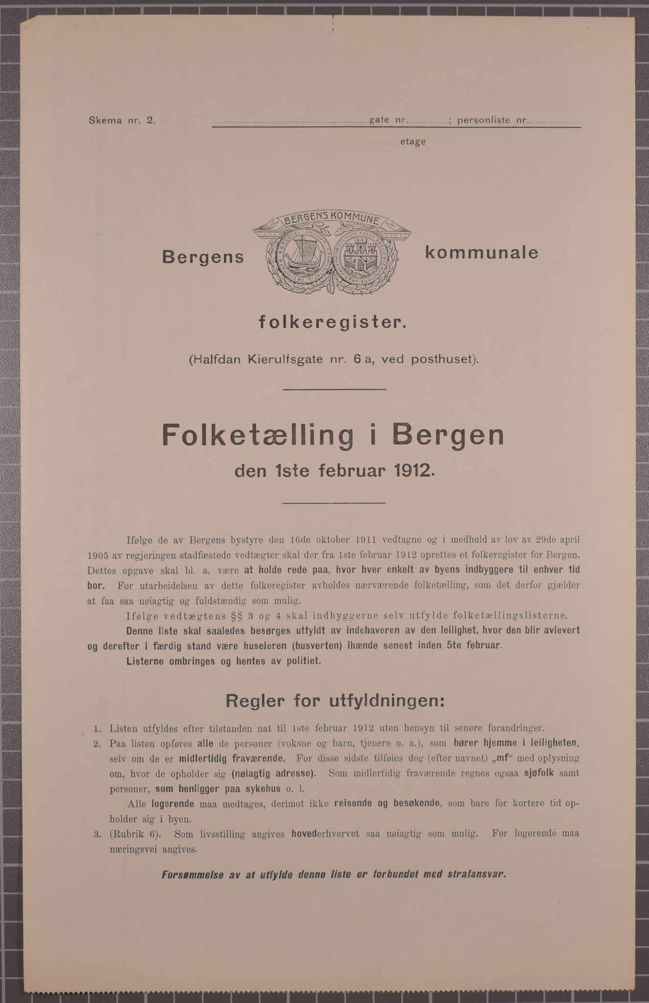 SAB, Municipal Census 1912 for Bergen, 1912, p. 2876