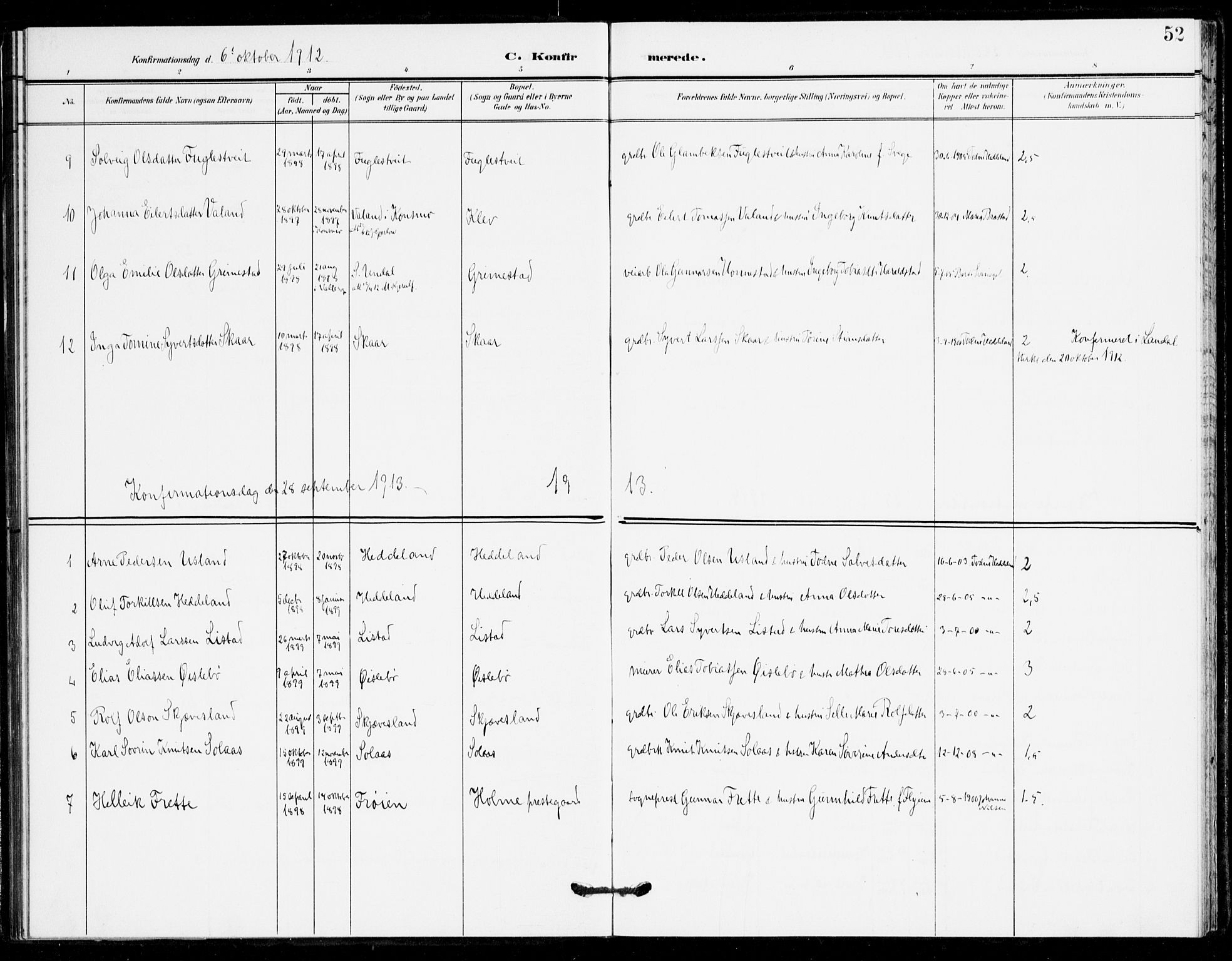 Holum sokneprestkontor, SAK/1111-0022/F/Fa/Fac/L0005: Parish register (official) no. A 5, 1908-1930, p. 52