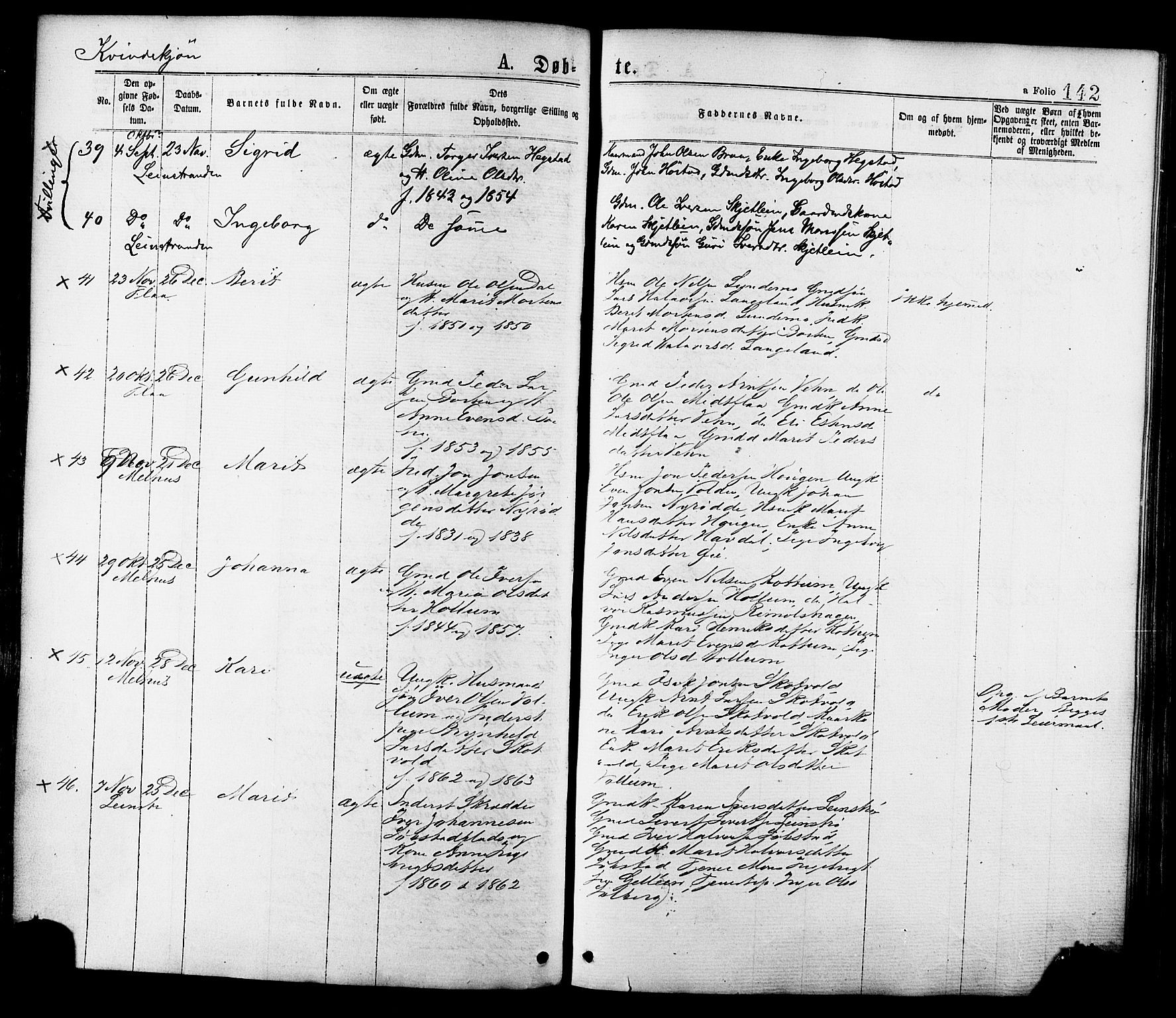 Ministerialprotokoller, klokkerbøker og fødselsregistre - Sør-Trøndelag, AV/SAT-A-1456/691/L1079: Parish register (official) no. 691A11, 1873-1886, p. 142