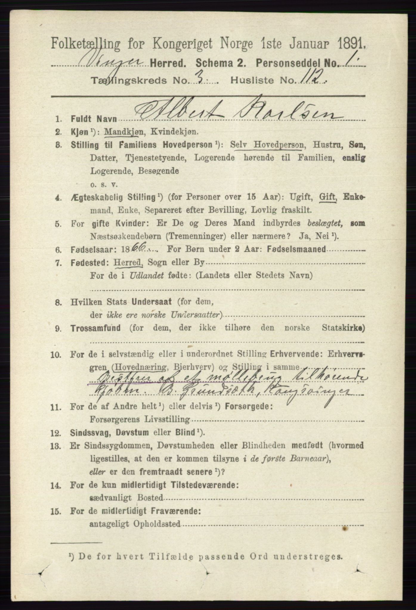 RA, 1891 census for 0421 Vinger, 1891, p. 1575