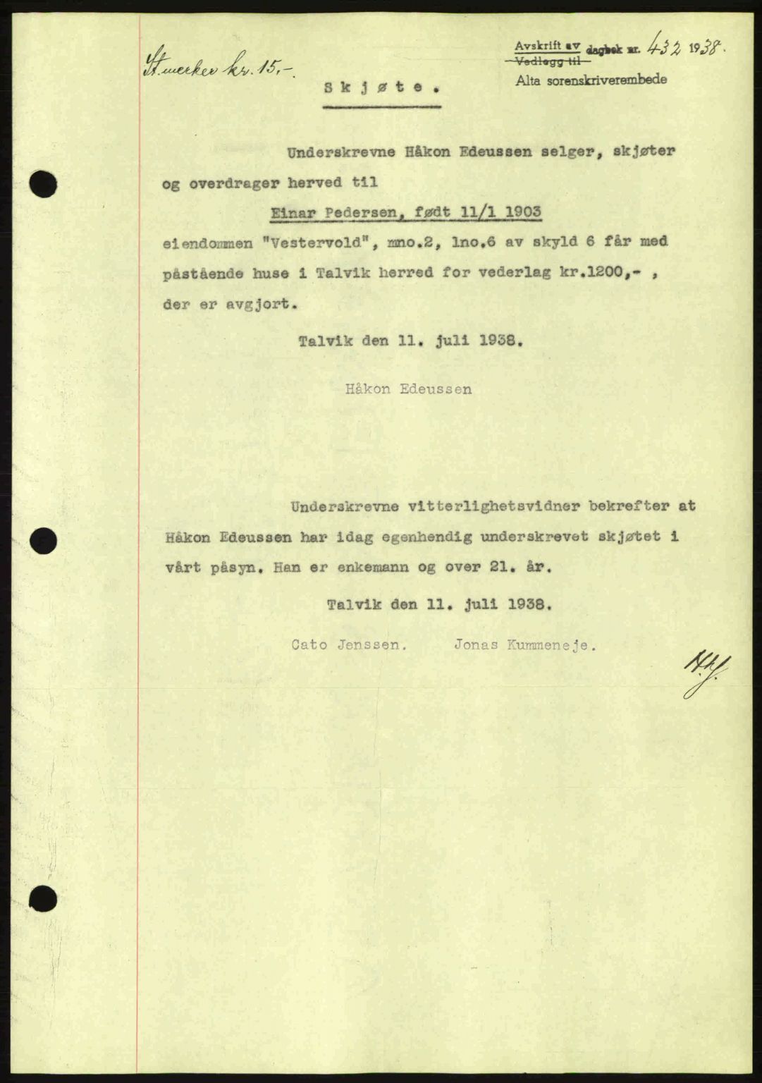 Alta fogderi/sorenskriveri, SATØ/SATØ-5/1/K/Kd/L0031pantebok: Mortgage book no. 31, 1938-1939, Diary no: : 432/1938
