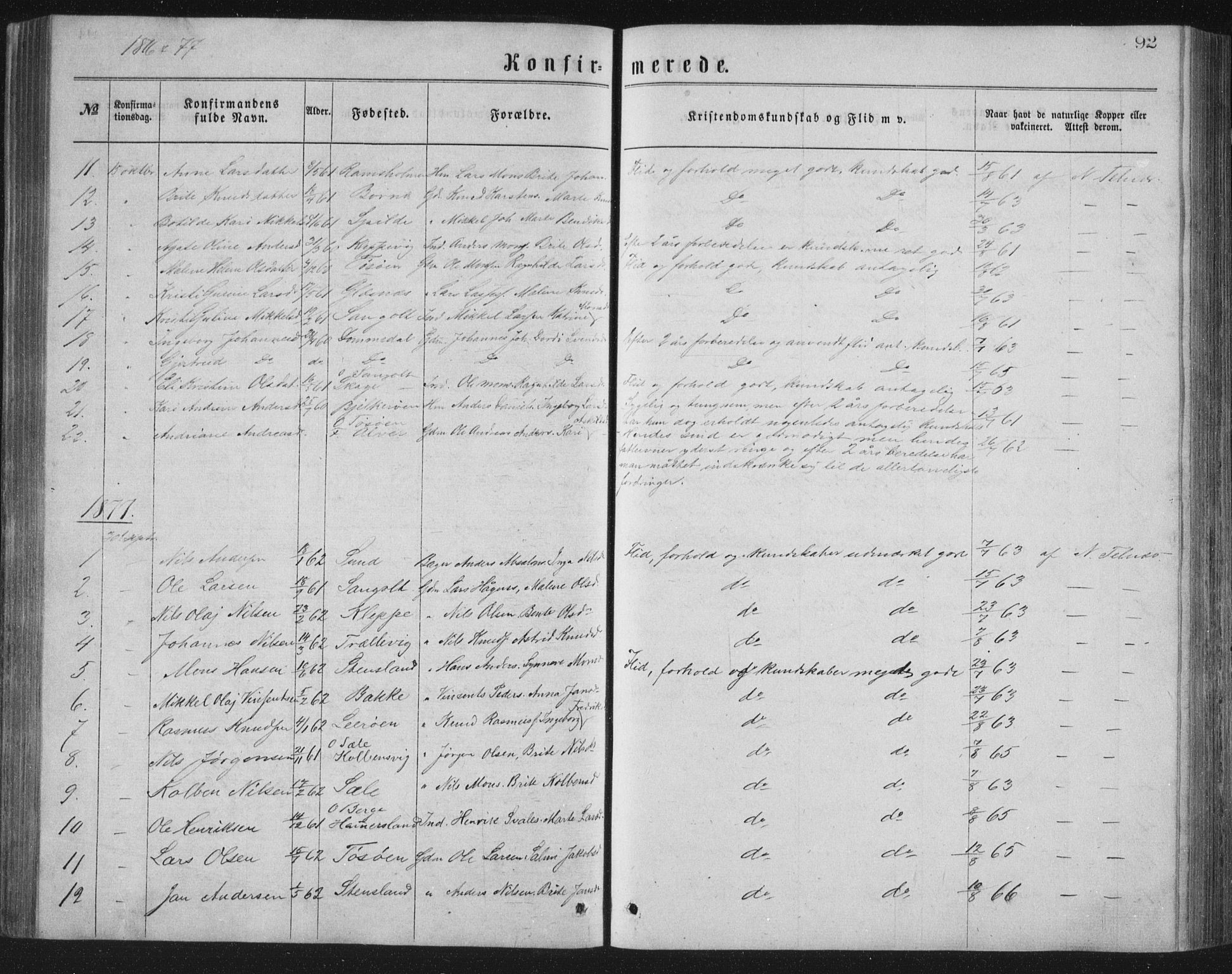 Sund sokneprestembete, SAB/A-99930: Parish register (copy) no. B 2, 1874-1881, p. 92