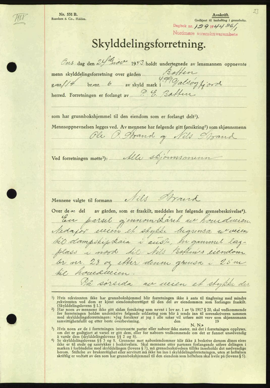 Nordmøre sorenskriveri, AV/SAT-A-4132/1/2/2Ca: Mortgage book no. A97, 1944-1944, Diary no: : 129/1944