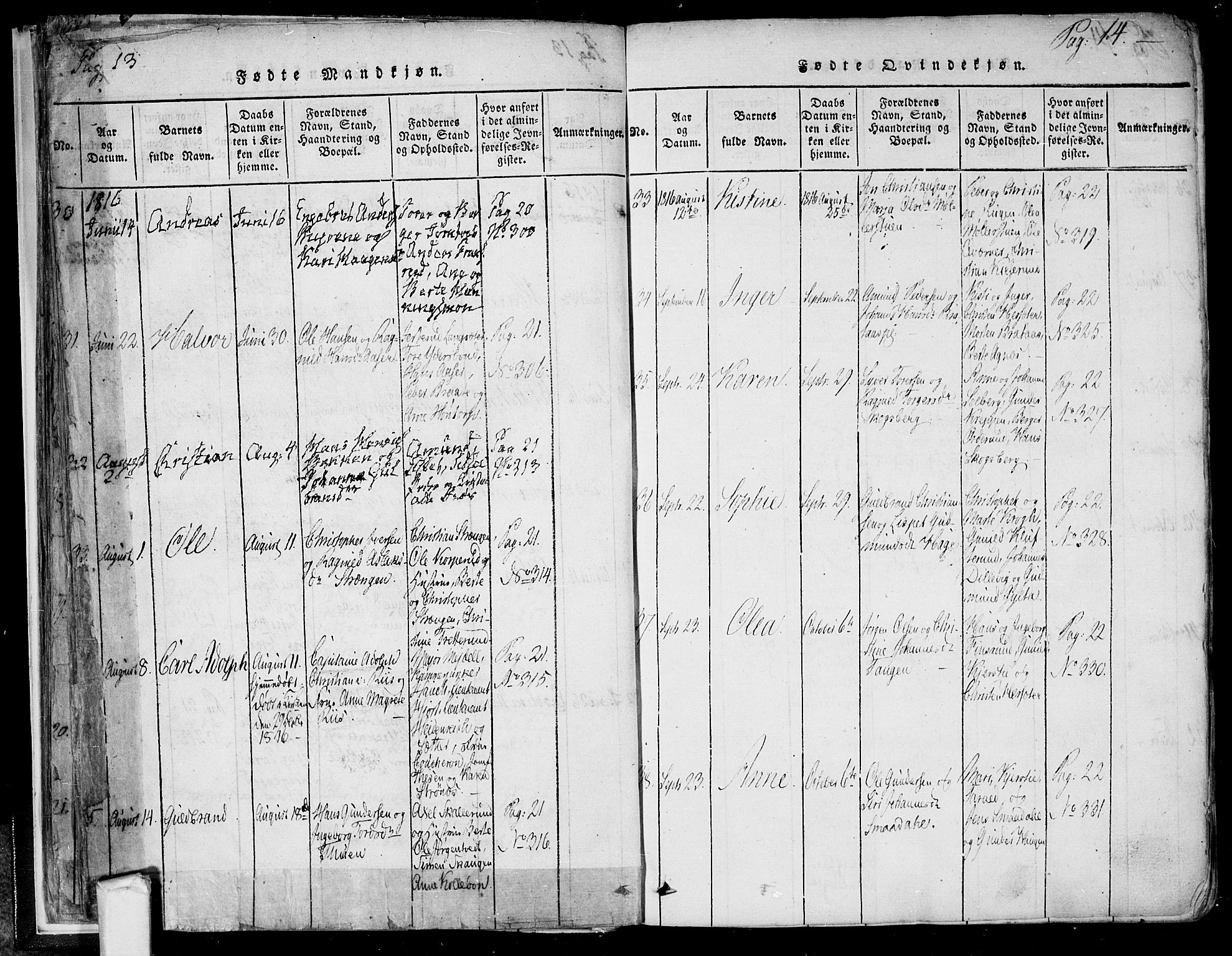 Trøgstad prestekontor Kirkebøker, SAO/A-10925/F/Fa/L0006: Parish register (official) no. I 6, 1815-1844, p. 13b-14a