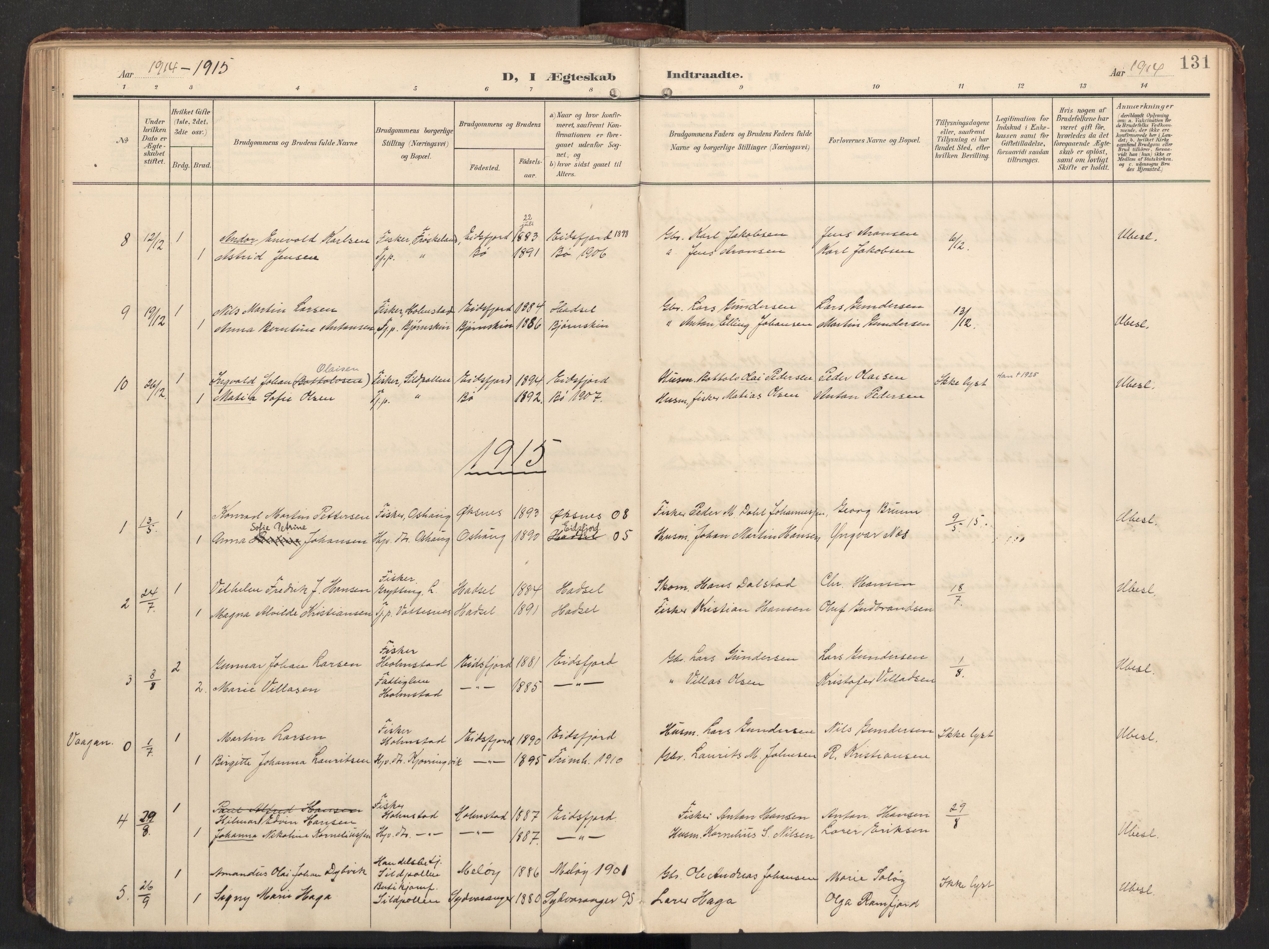 Ministerialprotokoller, klokkerbøker og fødselsregistre - Nordland, SAT/A-1459/890/L1287: Parish register (official) no. 890A02, 1903-1915, p. 131