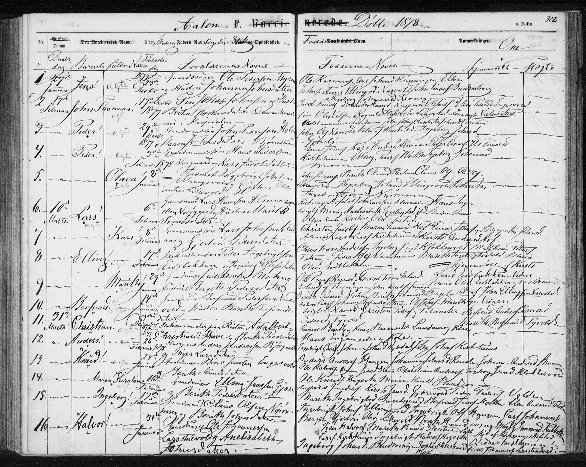Ministerialprotokoller, klokkerbøker og fødselsregistre - Sør-Trøndelag, SAT/A-1456/685/L0971: Parish register (official) no. 685A08 /3, 1870-1879, p. 312
