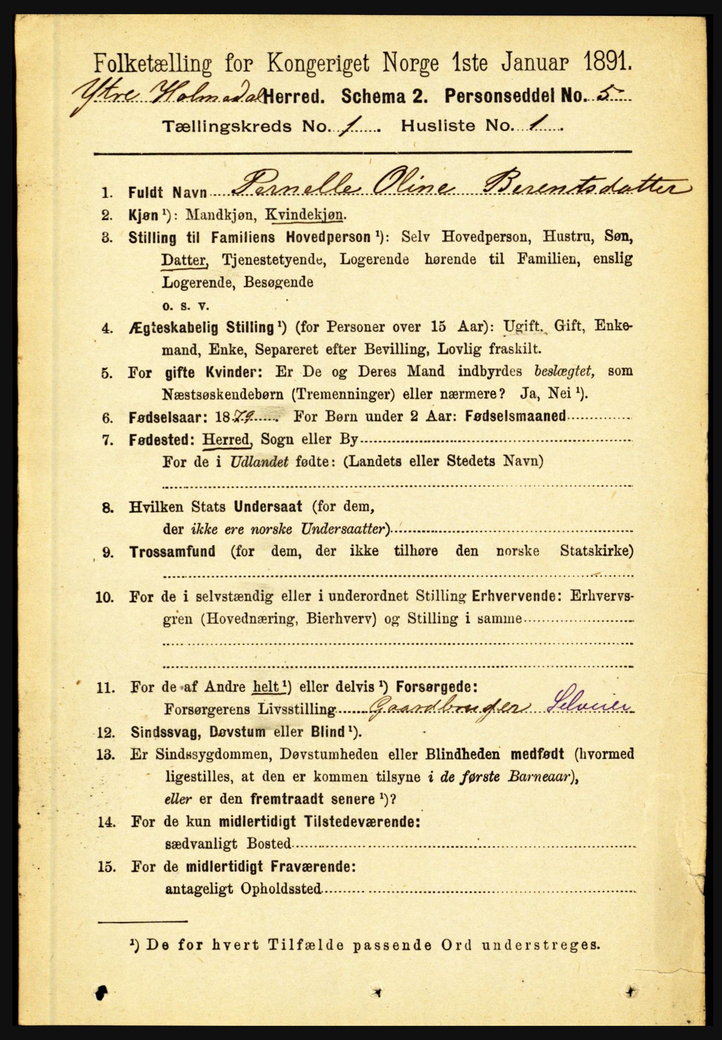 RA, 1891 census for 1429 Ytre Holmedal, 1891, p. 87