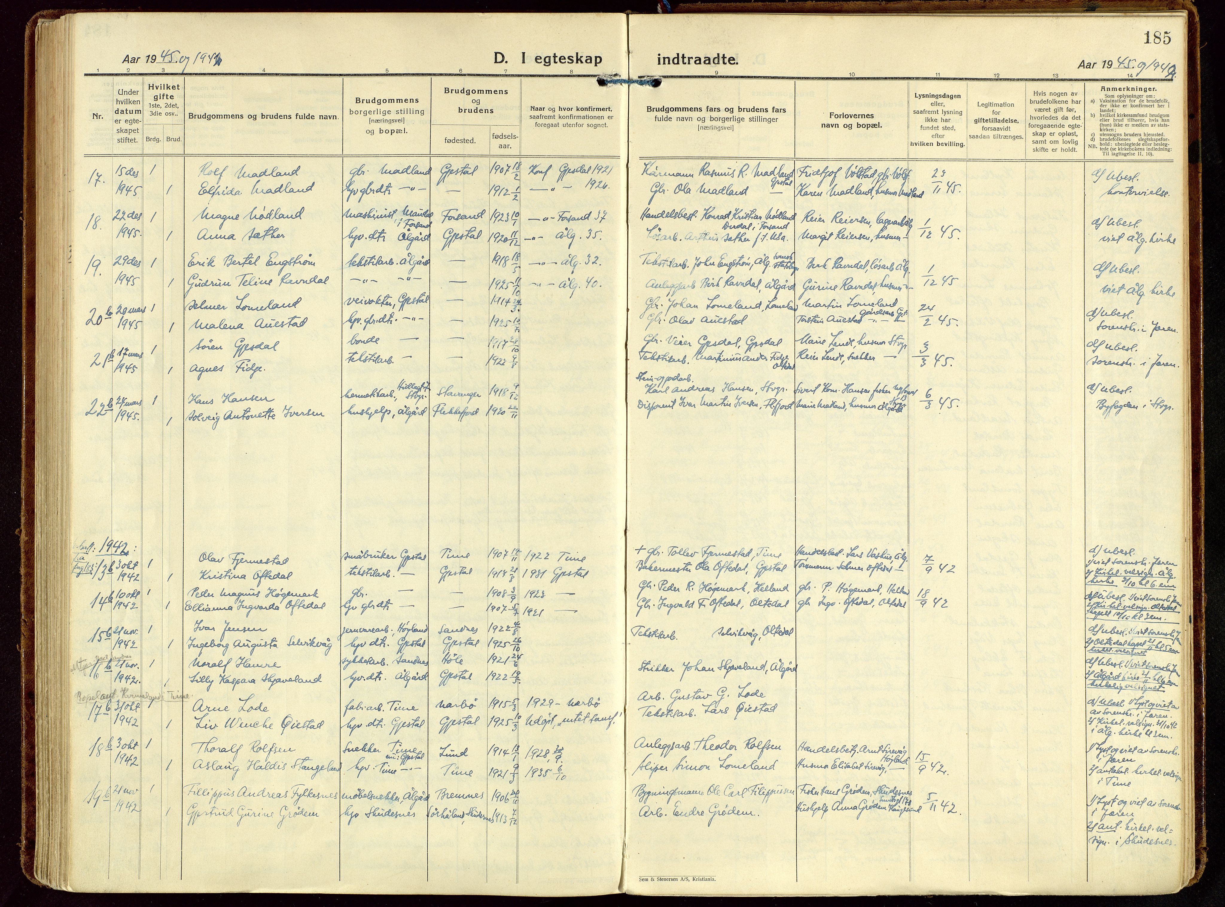 Gjesdal sokneprestkontor, SAST/A-101796/003/O/L0001: Parish register (official) no. A 1, 1925-1949, p. 185