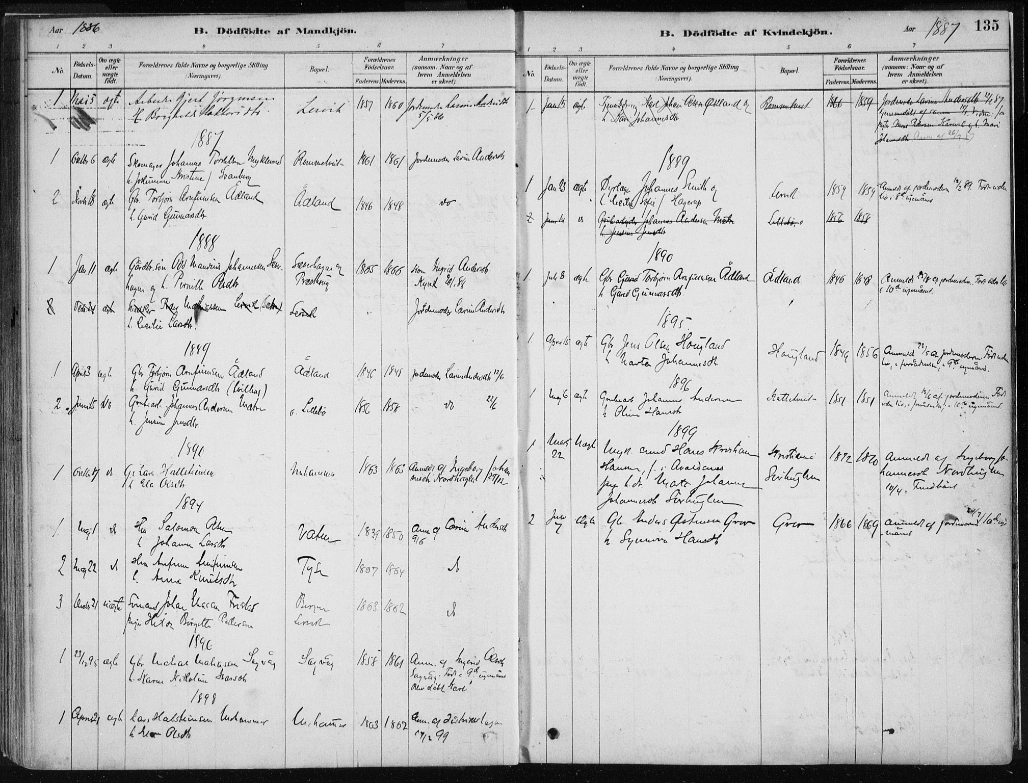 Stord sokneprestembete, AV/SAB-A-78201/H/Haa: Parish register (official) no. B 2, 1878-1913, p. 135