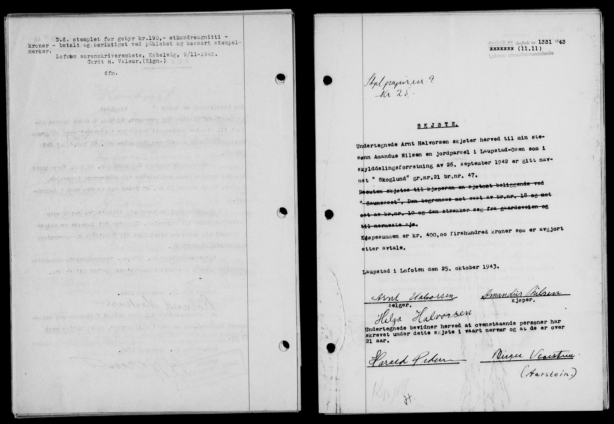 Lofoten sorenskriveri, SAT/A-0017/1/2/2C/L0011a: Mortgage book no. 11a, 1943-1943, Diary no: : 1331/1943