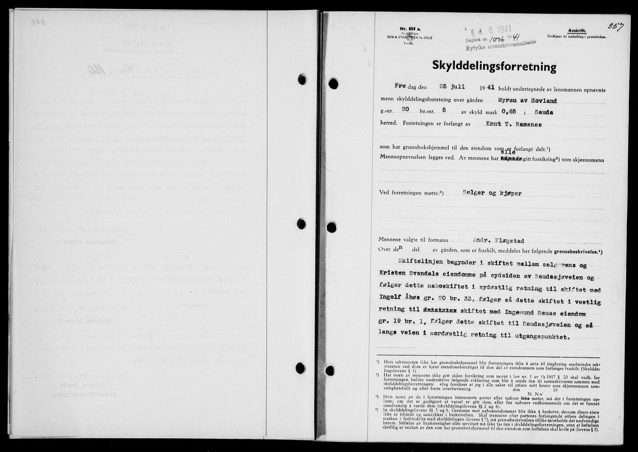 Ryfylke tingrett, SAST/A-100055/001/II/IIB/L0085: Mortgage book no. 64, 1941-1941, Diary no: : 1006/1941