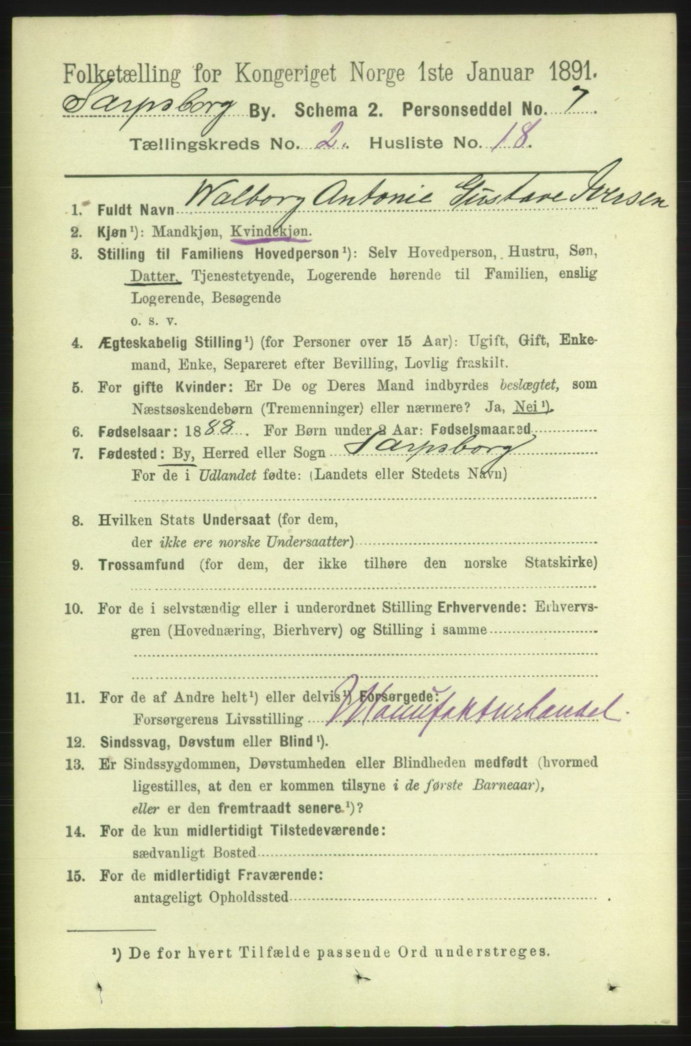 RA, 1891 census for 0102 Sarpsborg, 1891, p. 1421