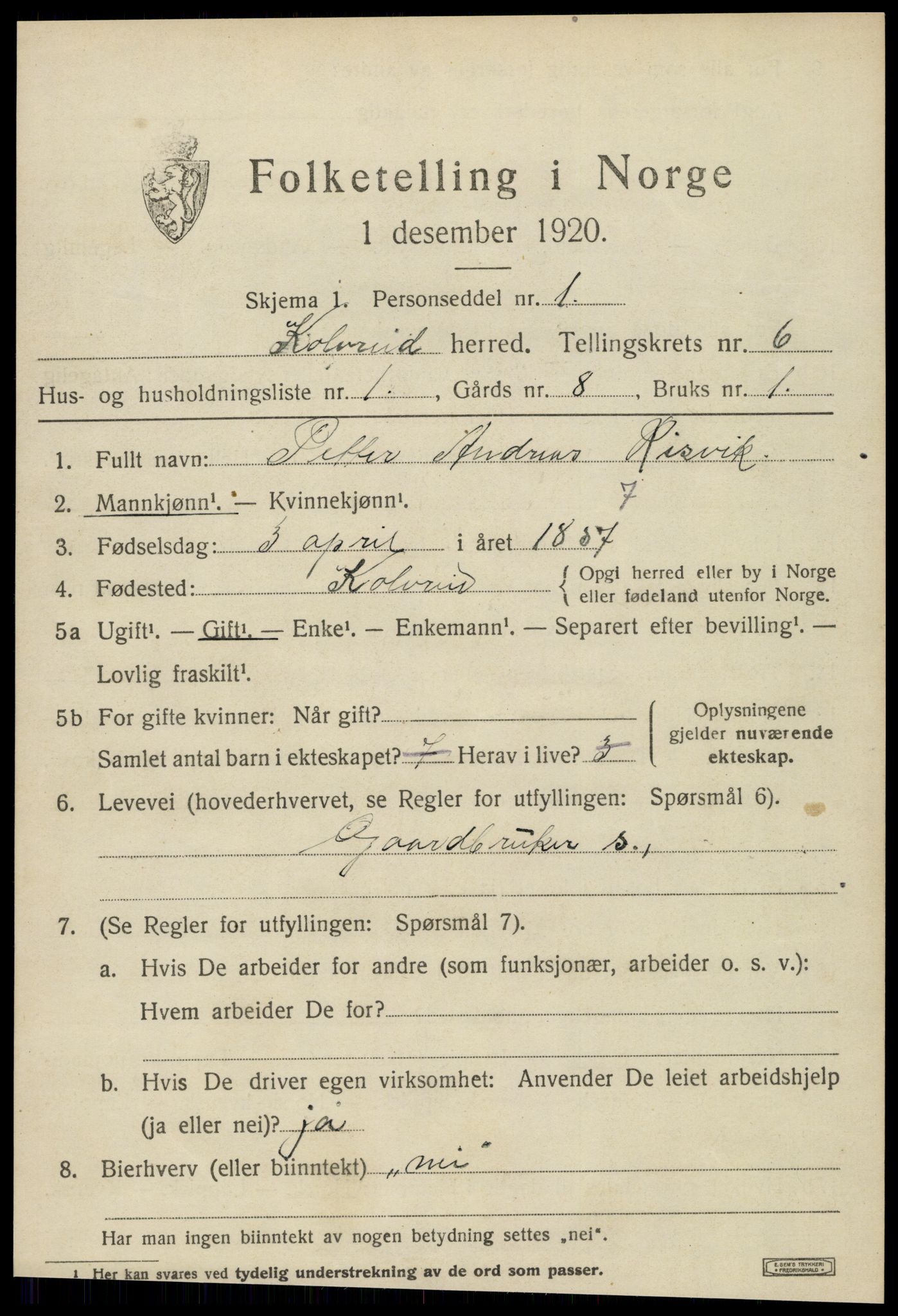 SAT, 1920 census for Kolvereid, 1920, p. 3555