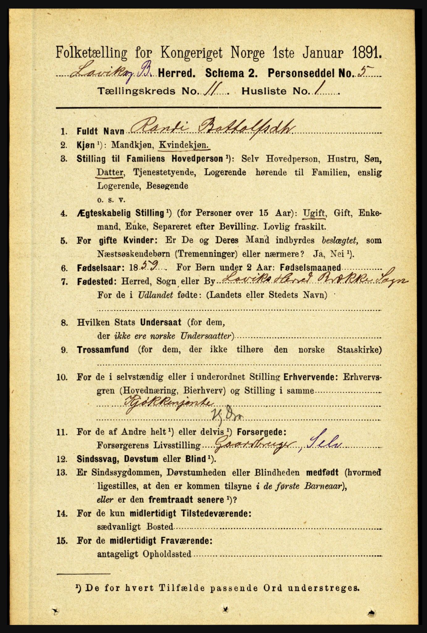 RA, 1891 census for 1415 Lavik og Brekke, 1891, p. 2140