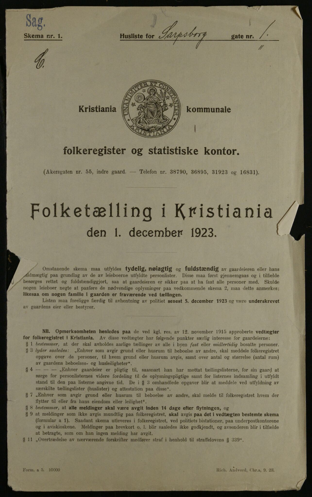 OBA, Municipal Census 1923 for Kristiania, 1923, p. 98407