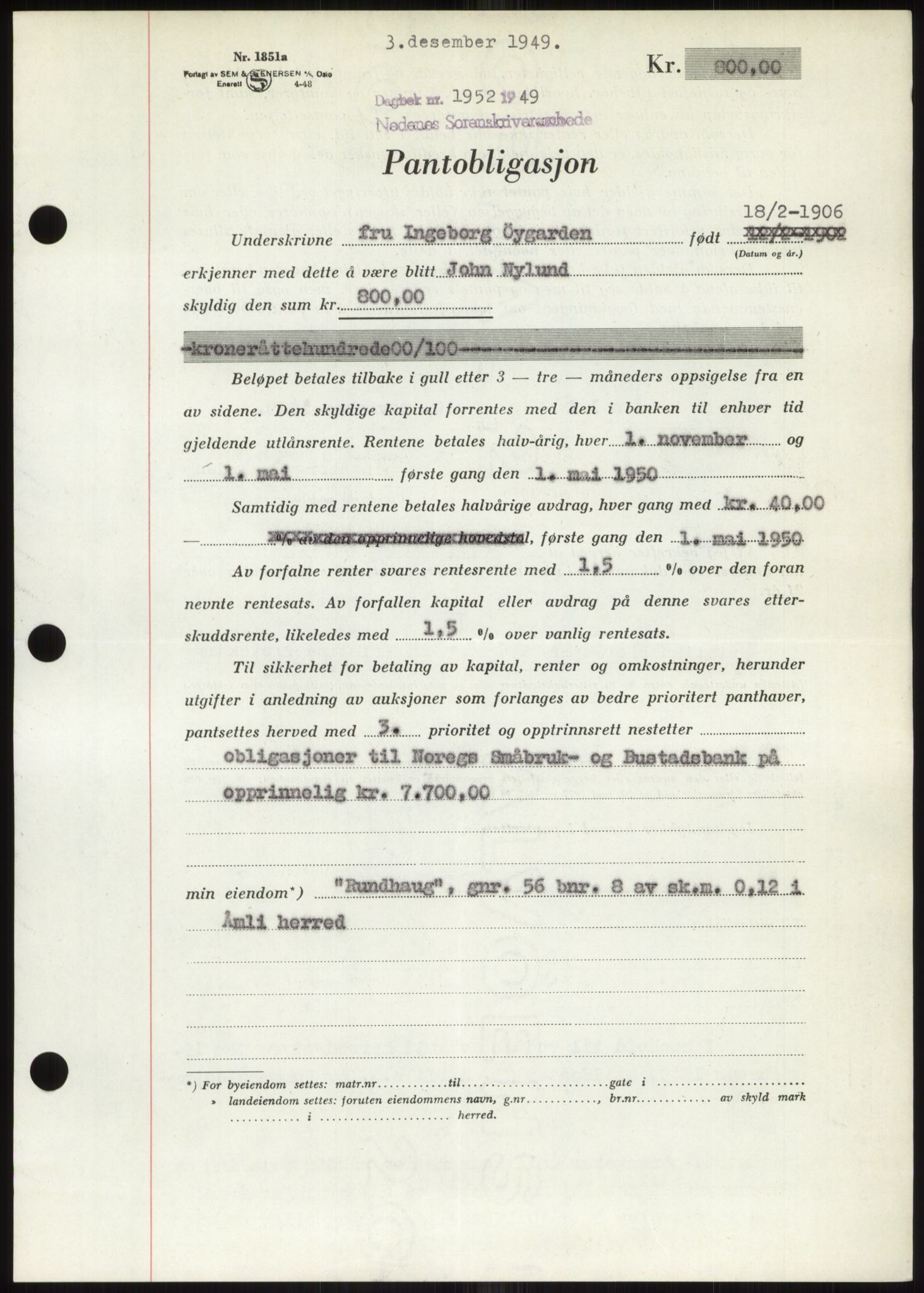 Nedenes sorenskriveri, AV/SAK-1221-0006/G/Gb/Gbb/L0007: Mortgage book no. B7, 1949-1950, Diary no: : 1952/1949