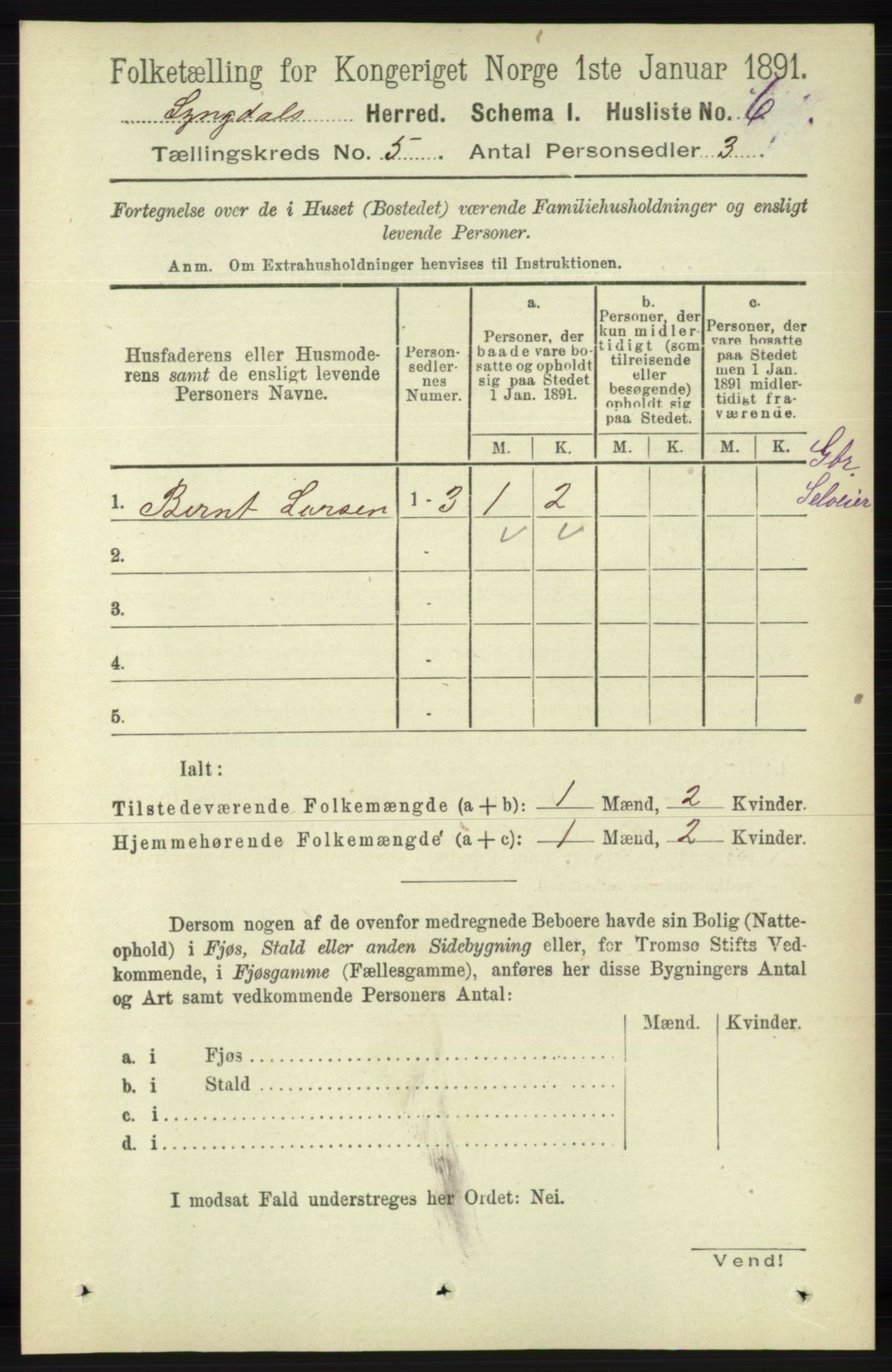 RA, 1891 census for 1032 Lyngdal, 1891, p. 1803