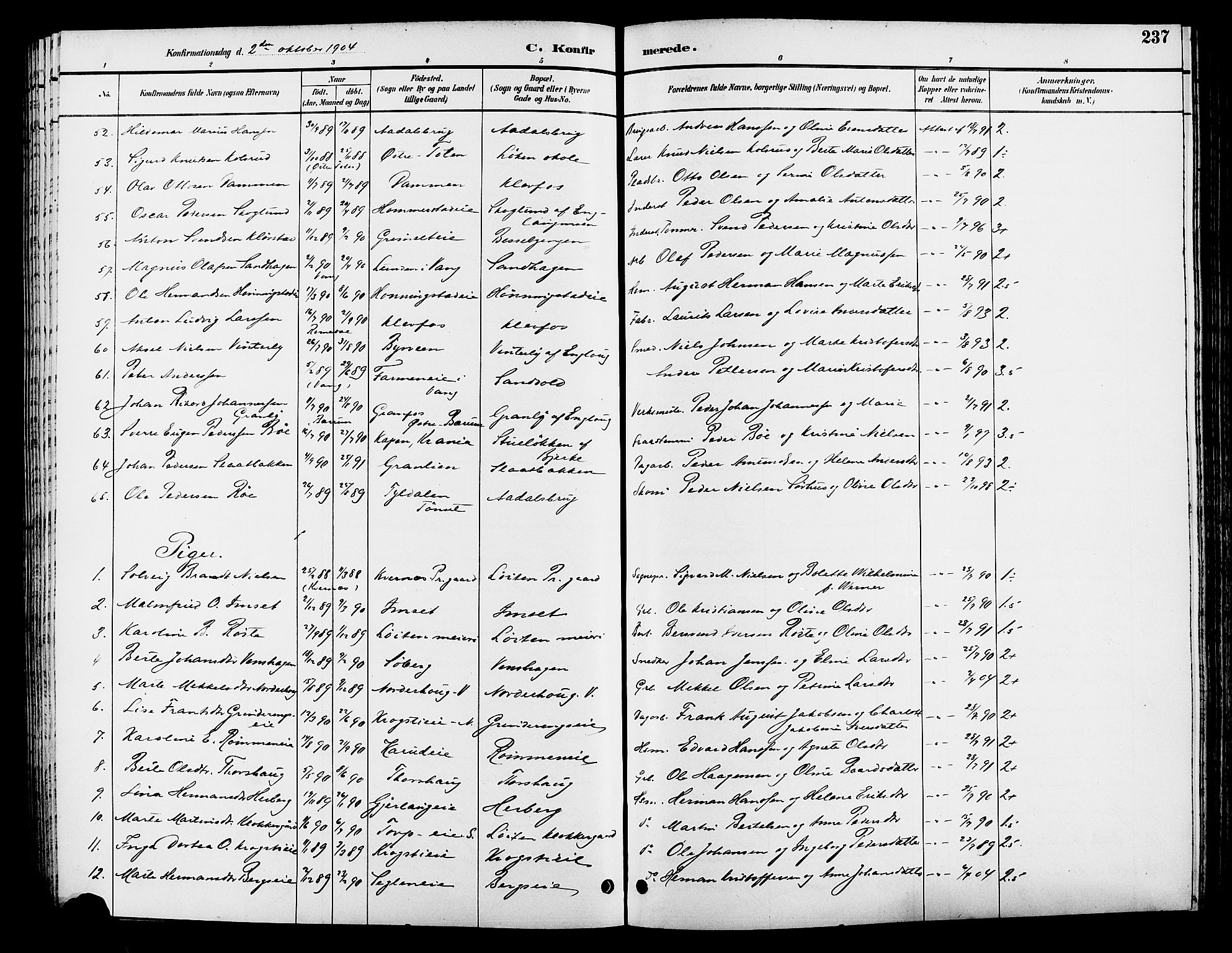 Løten prestekontor, AV/SAH-PREST-022/L/La/L0006: Parish register (copy) no. 6, 1892-1909, p. 237