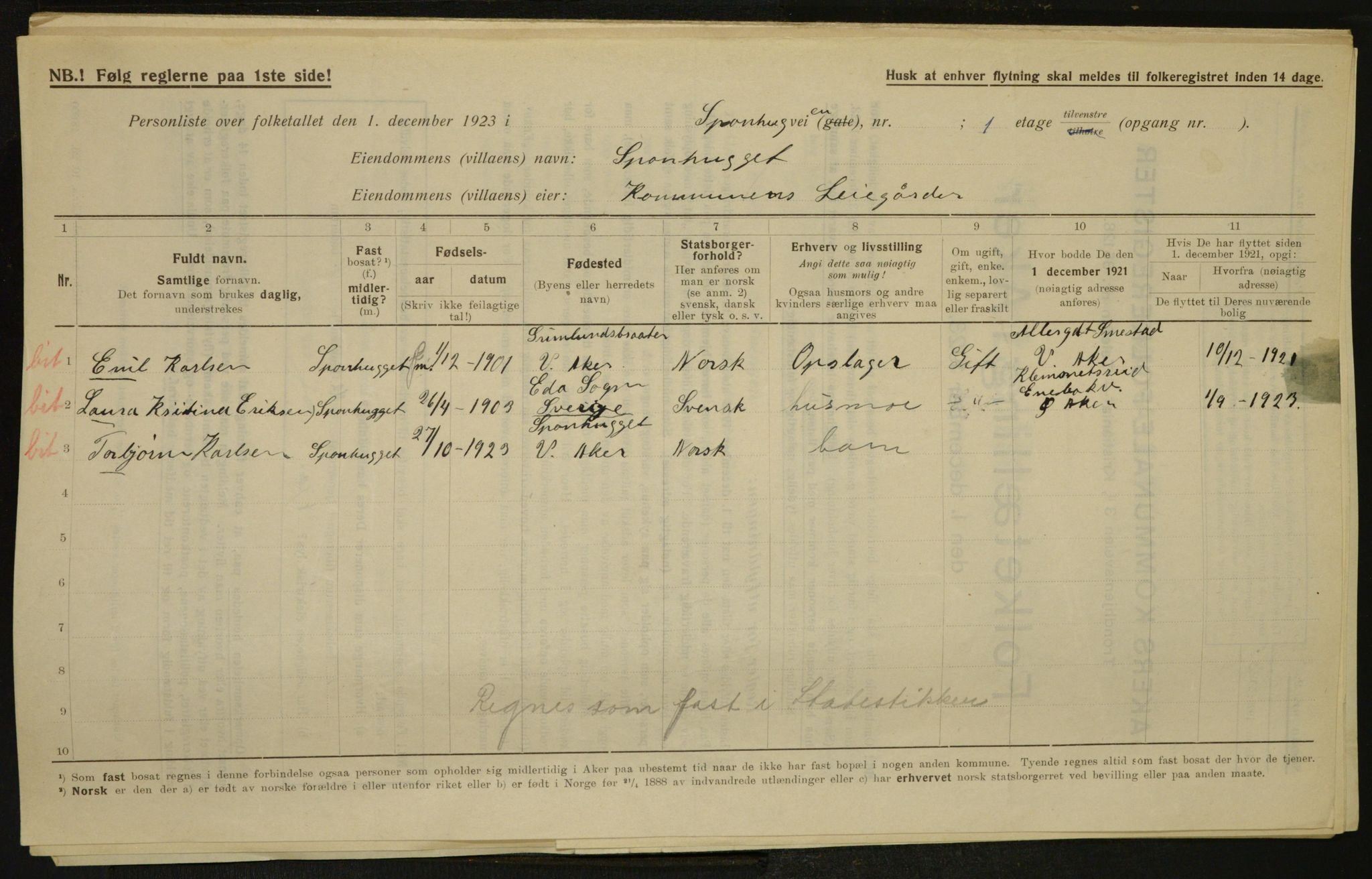 , Municipal Census 1923 for Aker, 1923, p. 5326