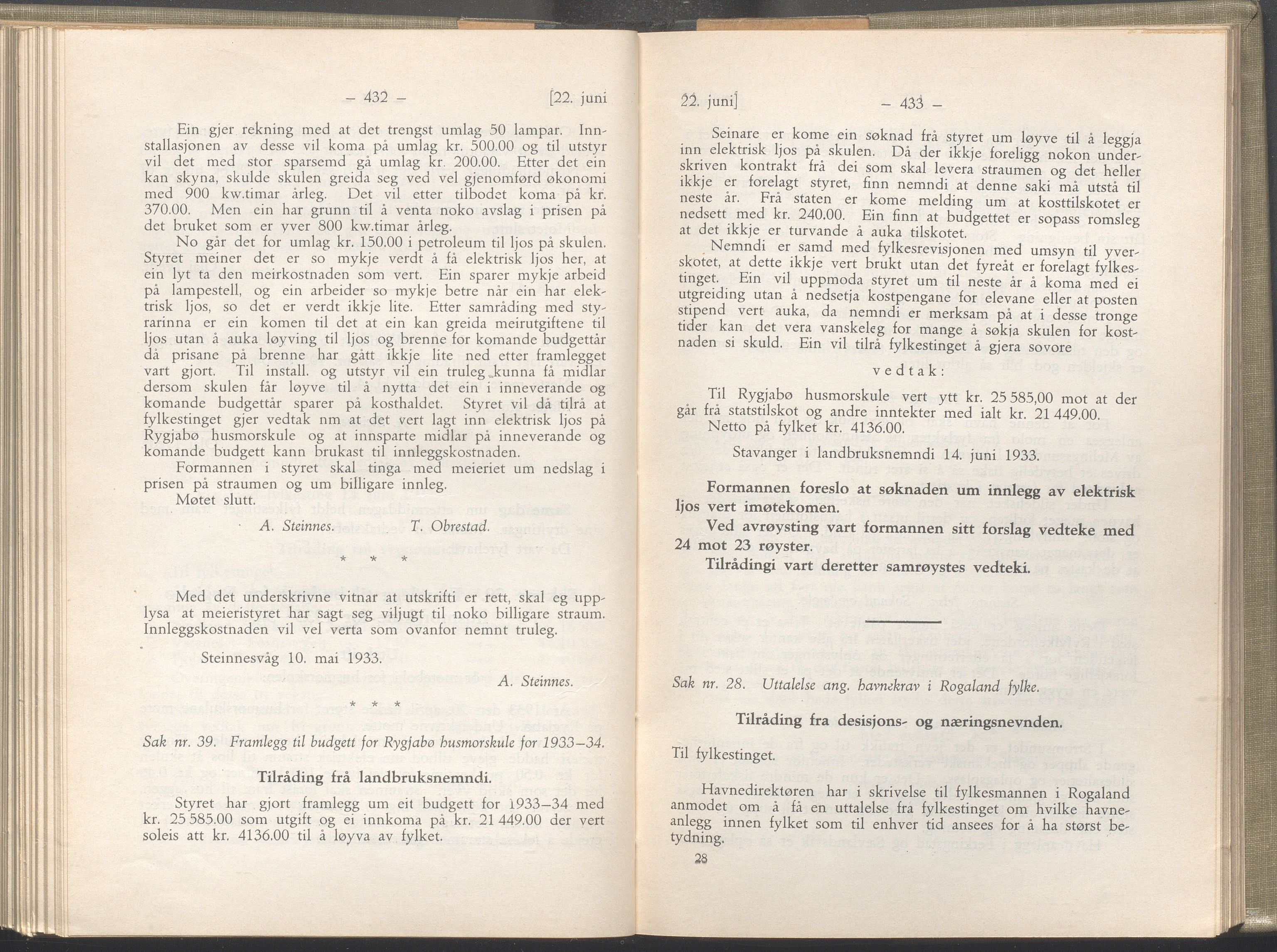 Rogaland fylkeskommune - Fylkesrådmannen , IKAR/A-900/A/Aa/Aaa/L0052: Møtebok , 1933, p. 432-433