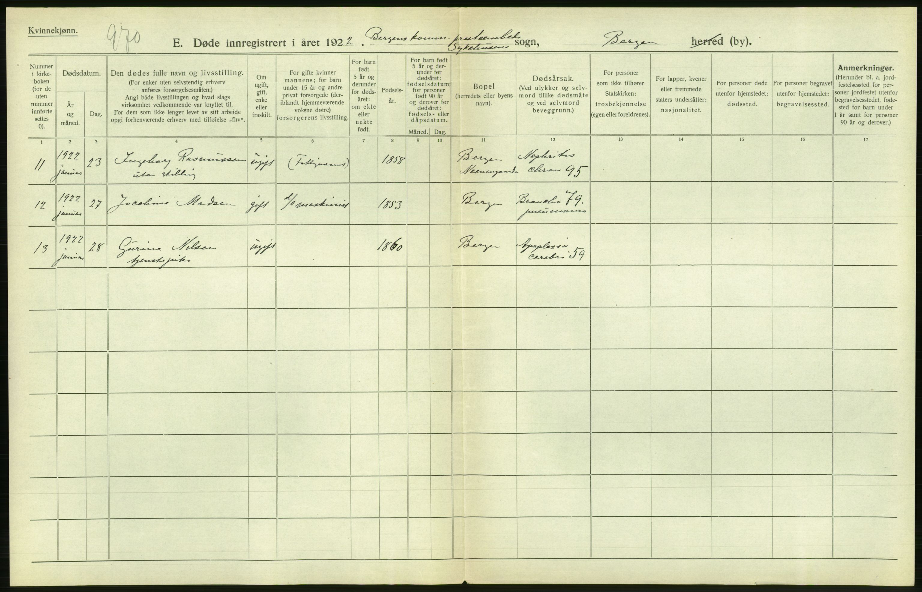 Statistisk sentralbyrå, Sosiodemografiske emner, Befolkning, AV/RA-S-2228/D/Df/Dfc/Dfcb/L0030: Bergen: Gifte, døde, dødfødte., 1922, p. 338