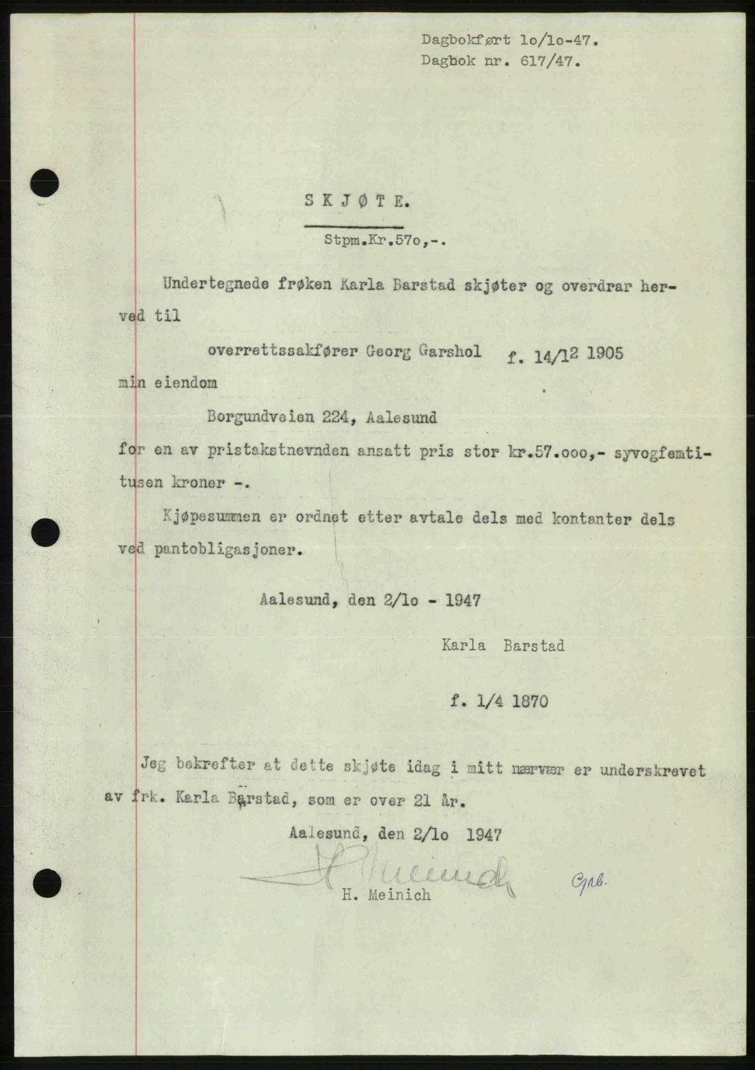 Ålesund byfogd, AV/SAT-A-4384: Mortgage book no. 37A (1), 1947-1949, Diary no: : 617/1947