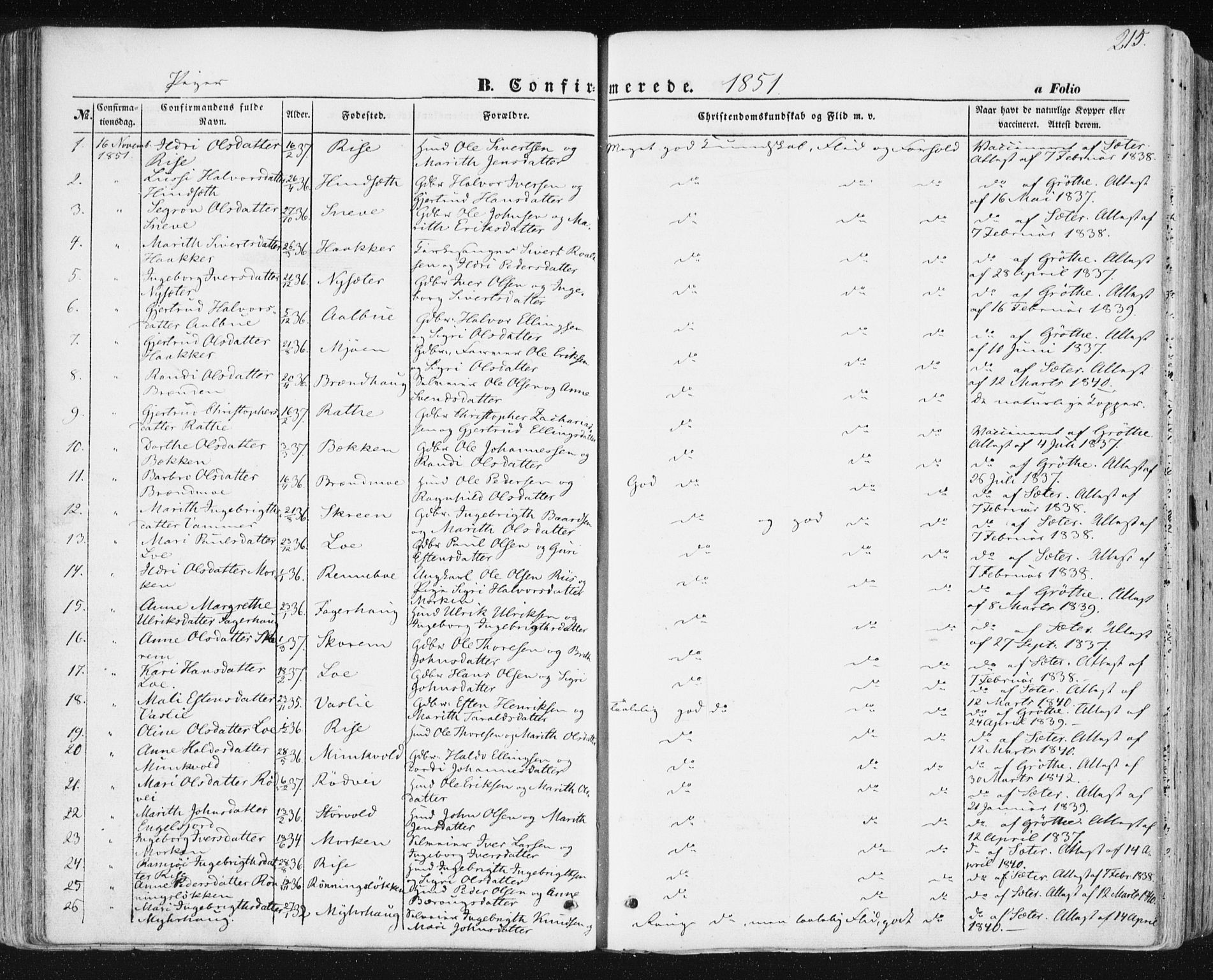 Ministerialprotokoller, klokkerbøker og fødselsregistre - Sør-Trøndelag, SAT/A-1456/678/L0899: Parish register (official) no. 678A08, 1848-1872, p. 215
