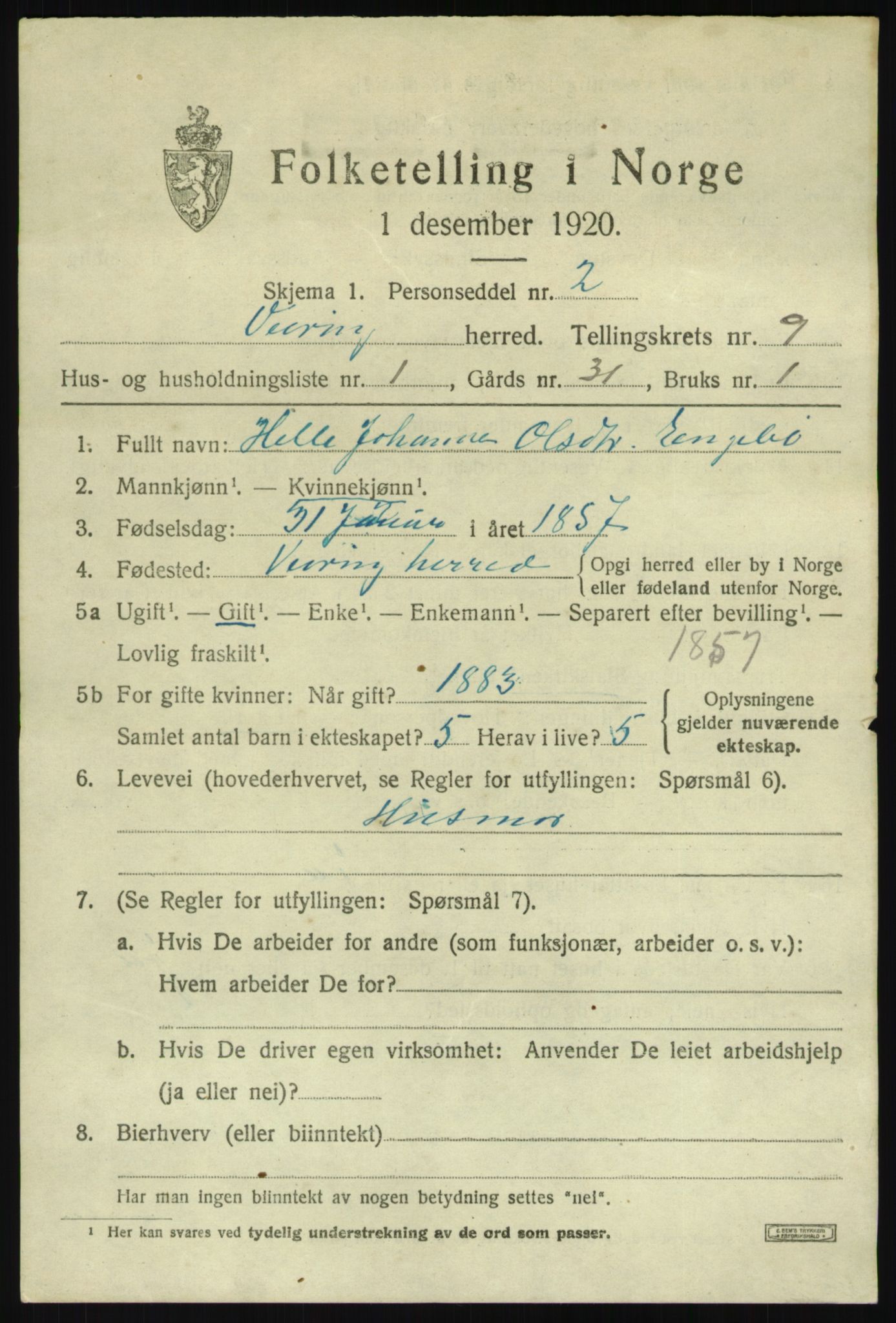 SAB, 1920 census for Vevring, 1920, p. 2368