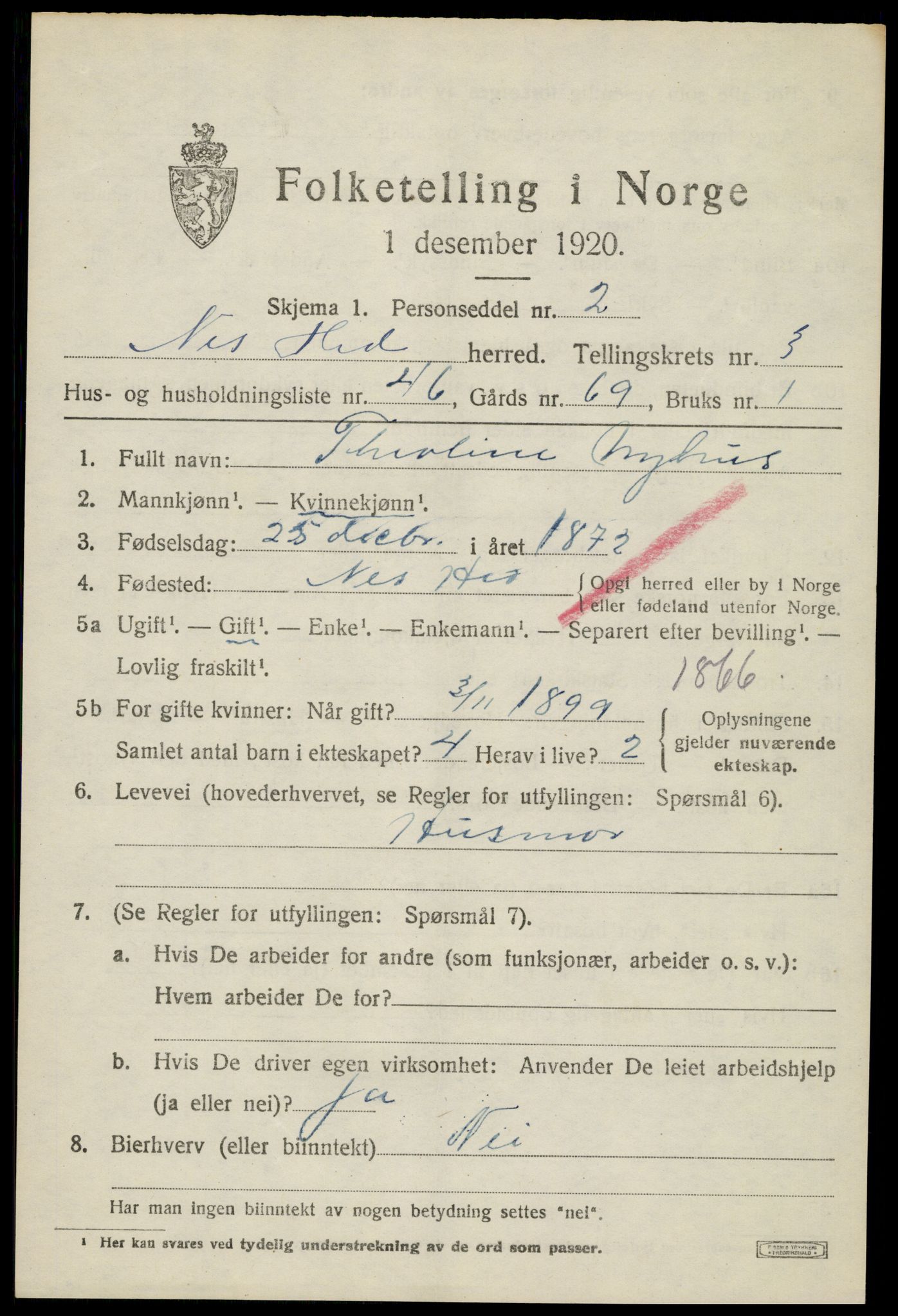 SAH, 1920 census for Nes (Hedmark), 1920, p. 5072